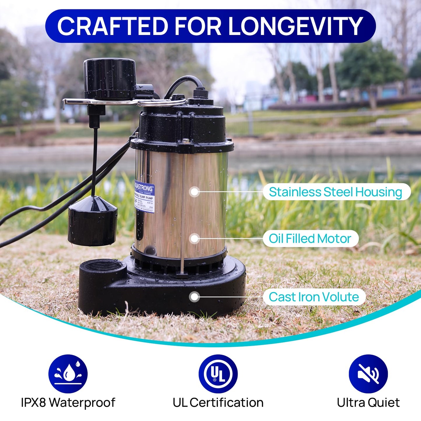 AQUASTRONG 1/2 HP Sump Pump Submersible, 3830 GPH Stainless Steel and Cast Iron Basement Water Pump, Automatic Integrated Vertical Float Switch with Piggy-back Plug,1-1/2" NPT Discharge Subpumps