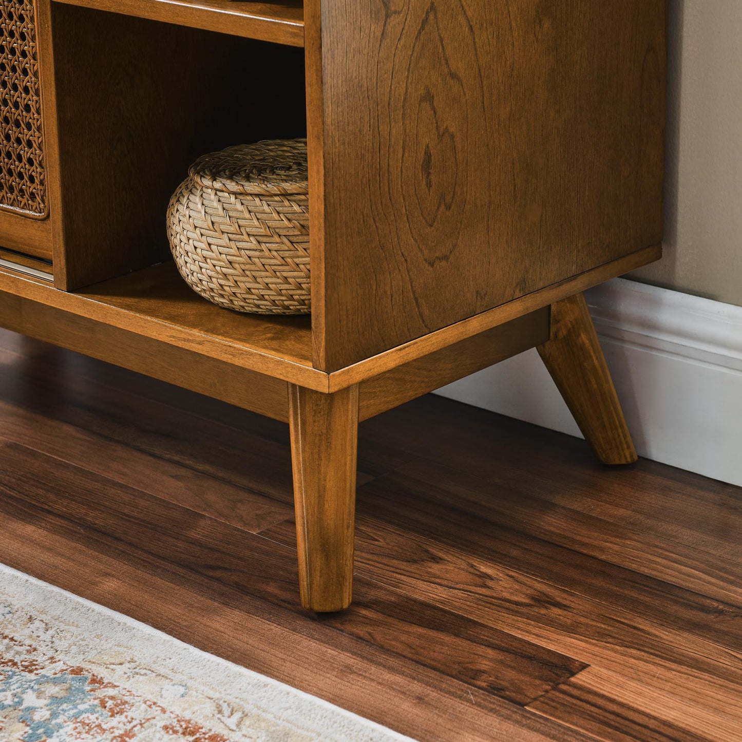 Ball & Cast 32" Mid Century Modern Rattan Sideboard Cabinet with 2 Sliding Doors, Buffet Cabinet w/Adjustable Shelf & Solid Wood Legs for Entryway, Living Room, Kitchen,Dining Room, Light Walnut