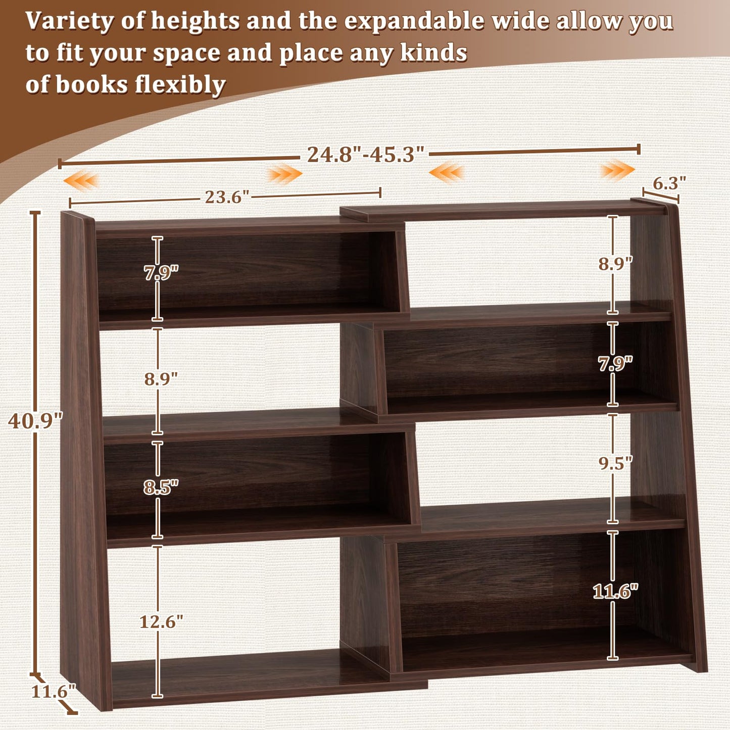 Armocity Book Shelf - Small Expandable Ladder Shelf, Short Corner Bookshelf for Small Spaces, 5 Tier Wood Narrow Bookcase, for Living Room, Bedroom, Entryway, Black Walnut