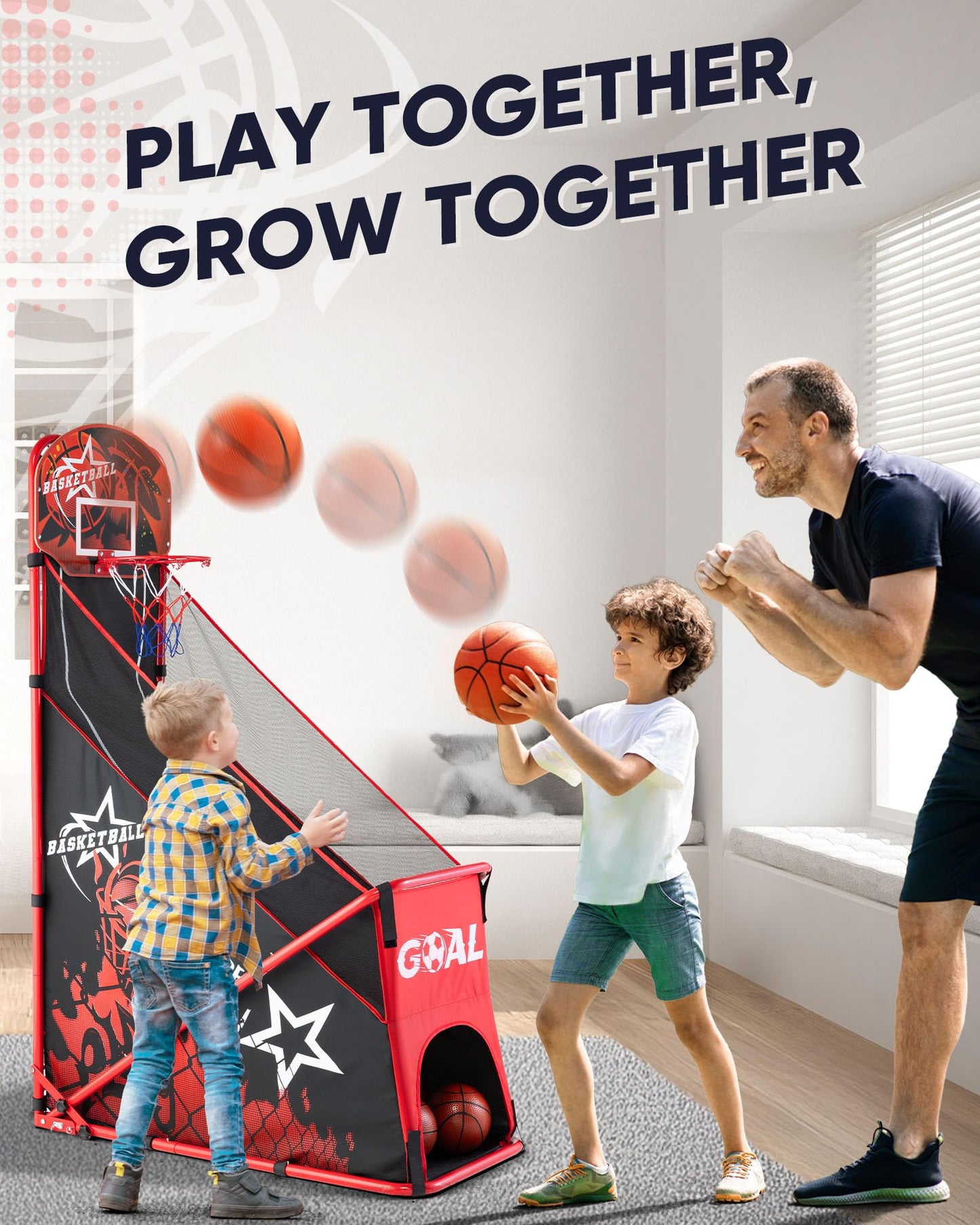 MerryMove Basketball Arcade Game for Kids: Foldable Basketball Hoop Set with Soccer Goal- Portable Indoor Outdoor Sports Play Toy- Gift for Ages 3-12 Boys Girls- Air Pump and 3 Balls Included
