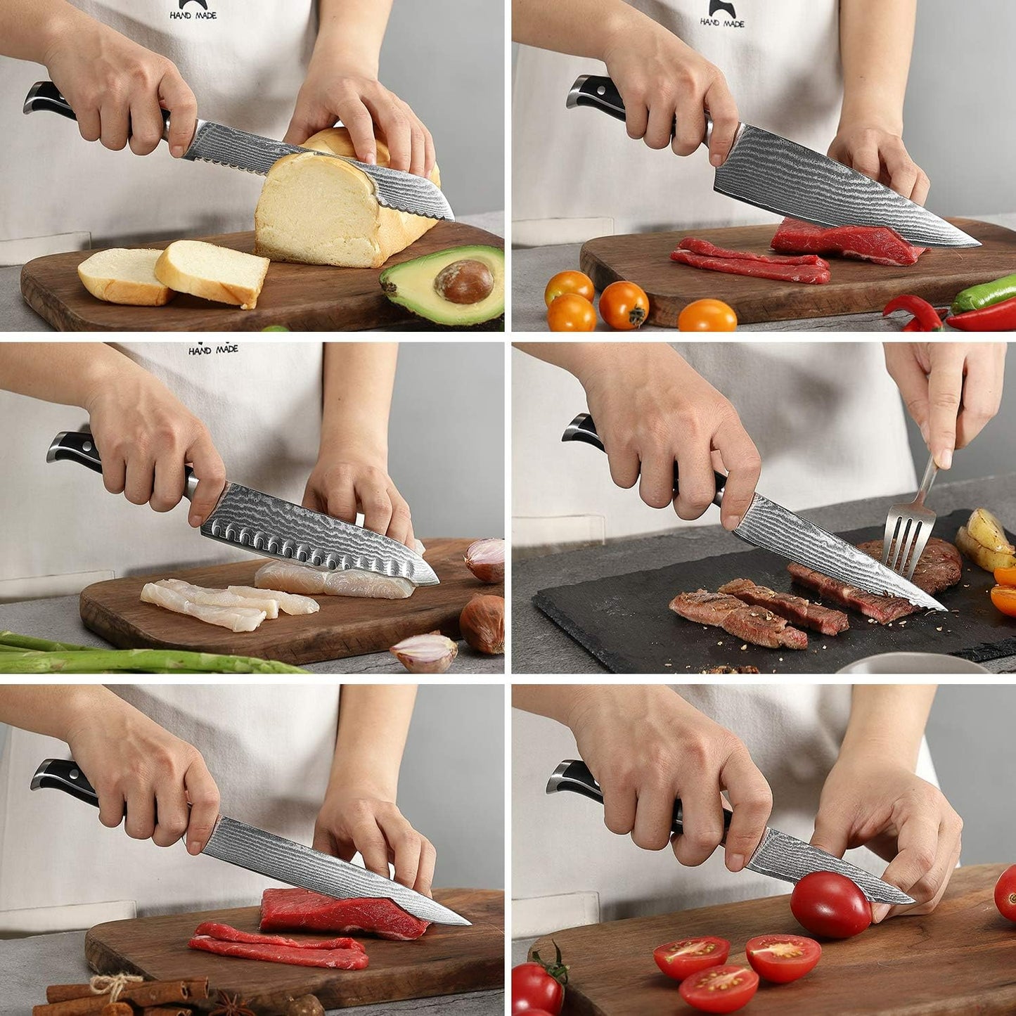Damascus Kitchen Knife Set with Block, 9-Piece 67-Layer VG10 Damascus Steel Knife Set with Triple-Rivet Handles, Chef, Santoku, Utility, Bread & Paring Knives, Sharpener, Shears, Grey