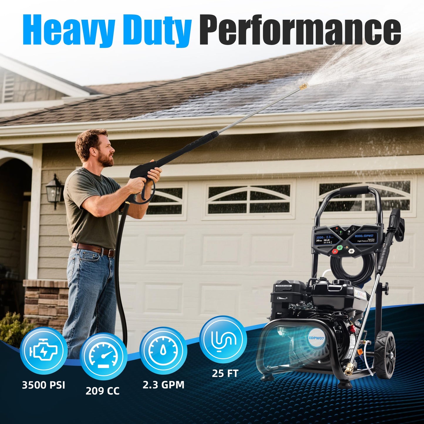 Ezasin Gas Pressure Washer 3500 PSI, 2.3 GPM Heavy Duty High Power Washer,209CC 7HP Engine with 25Ft Pressure Hose, Axial Aluminum Pump, Soap Tank, 4 Quick Connect Nozzle (Black)