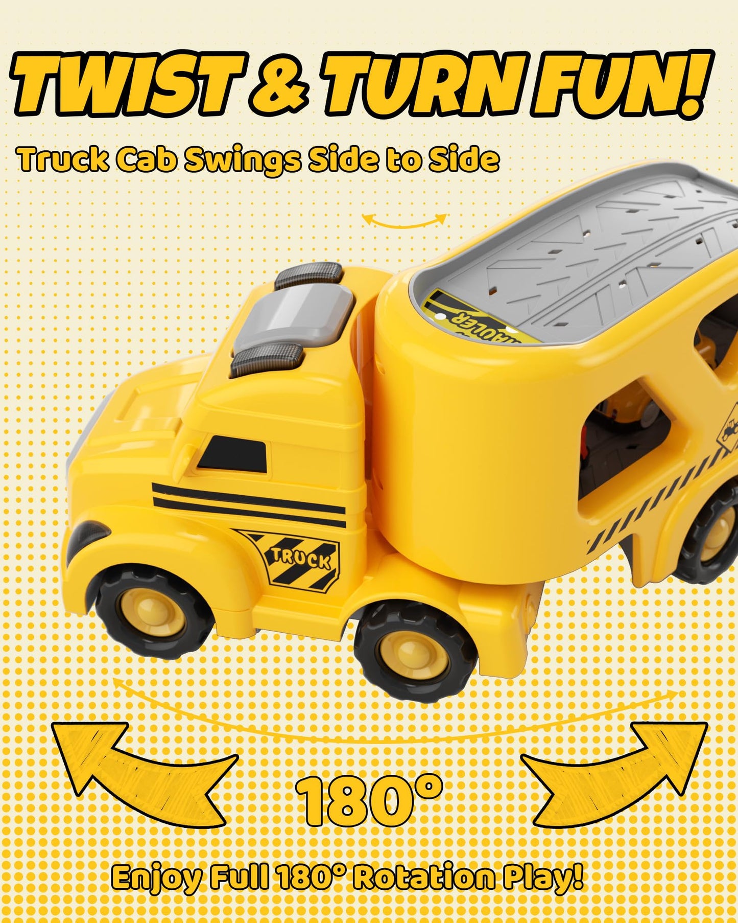 LADFAR Construction Truck Toys for Boys & Girls Ages 3+, 7-in-1 Toy Carrier Truck with 6 Mini Pull Back Vehicles, Lights & Sounds Transportation Playset, Early Learning Birthday Gift for Toddlers Kids