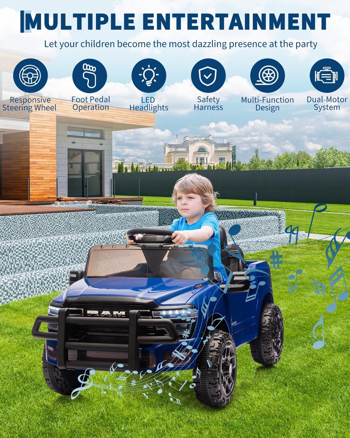 Garvee Kids Ride On Cars, Licensed RAM 12V Electric Ride On Truck Car w/Remote Control, Electric Pickup Car for Toddlers, Spring Suspension, LED Lights, Music, Ride On Toys for Boys Girls