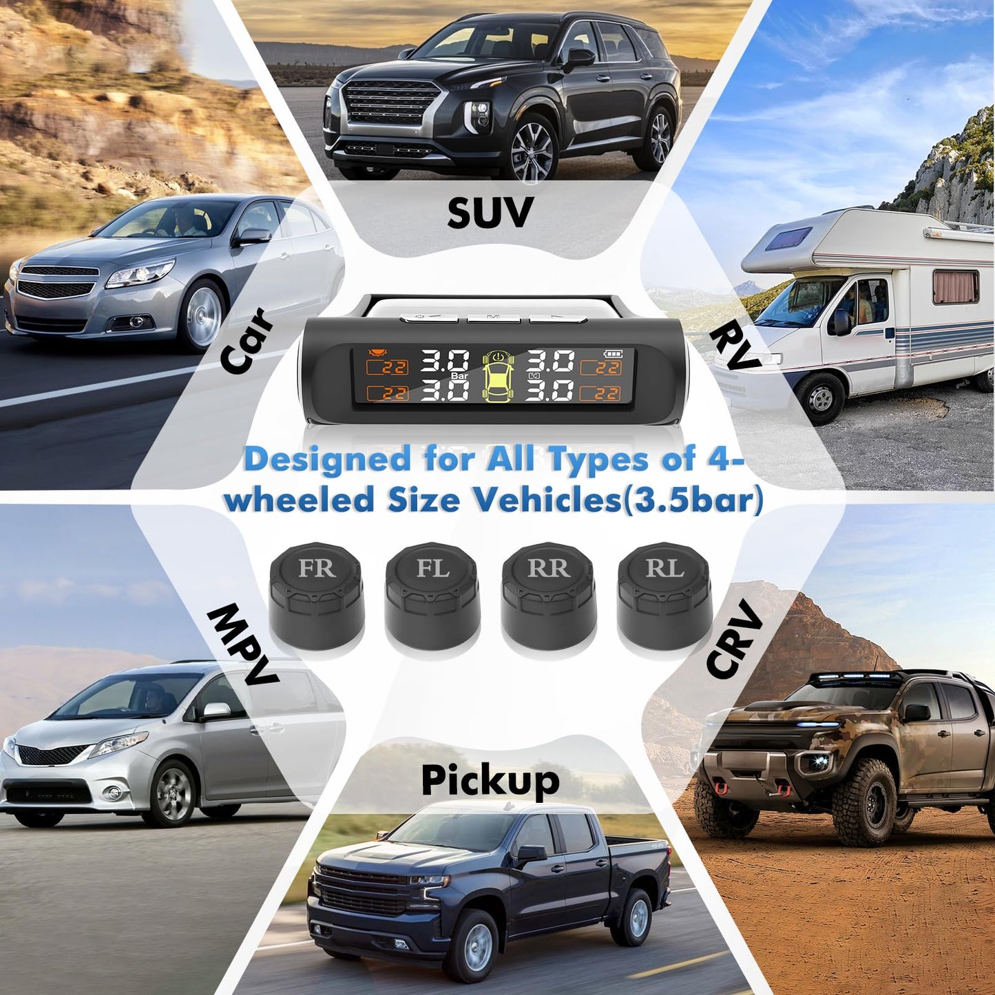 Avutrel Tire Pressure Monitoring System,TPMS with Solar Charging&USB Charging,5Alarm Modes, Real Time Monitoring Pressure and Temperature, Auto& Color Display Screens,Suitable for 4 Wheeled Vehicles