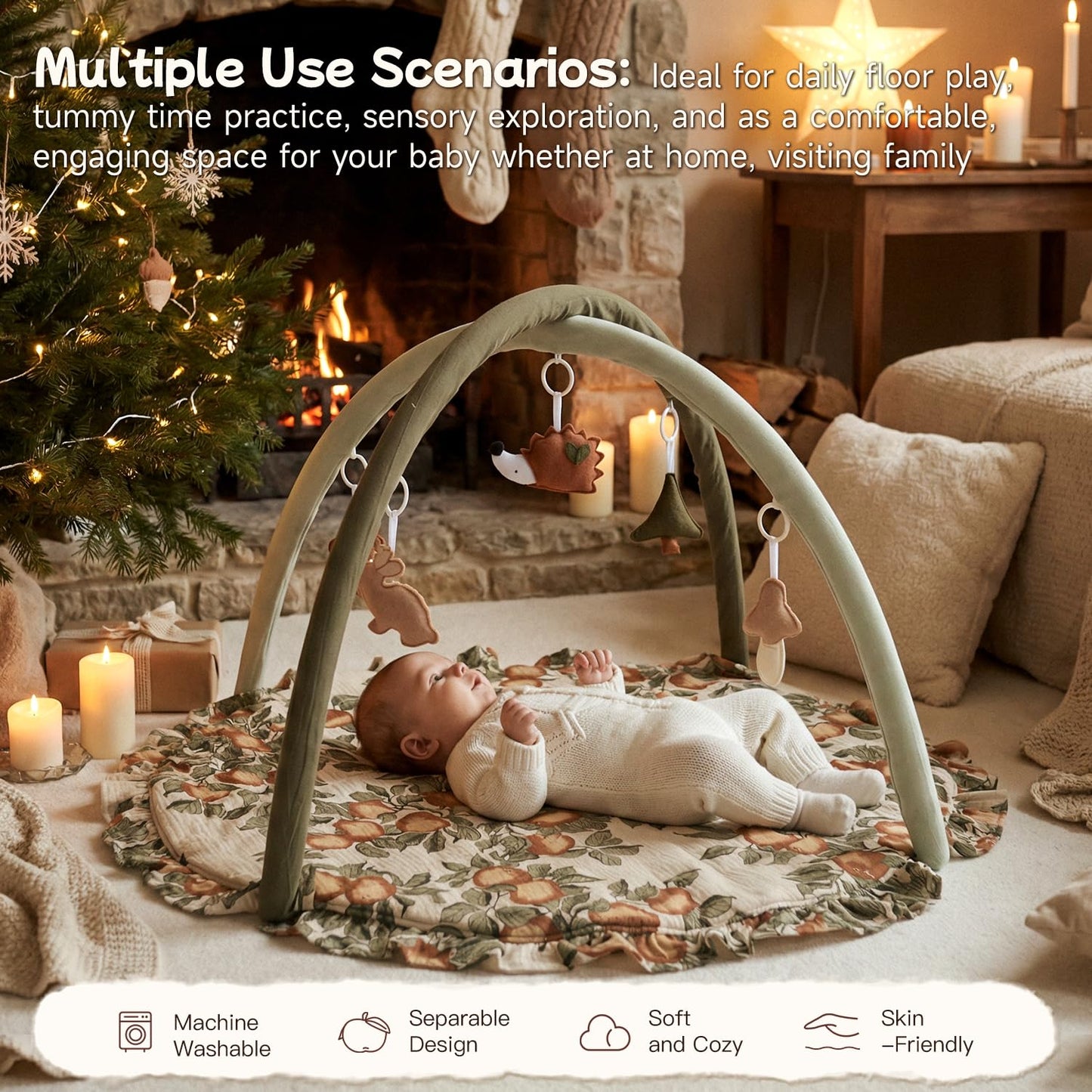 Baby Play Gym Play Mat, Infant Activity Center with 5 Sensory Toys 0–18 Months Developmental Tummy Time Mat, Baby Gym & Activity Mat Apple-Leaf Printed for Newborn Shower Gift Baby Essentials
