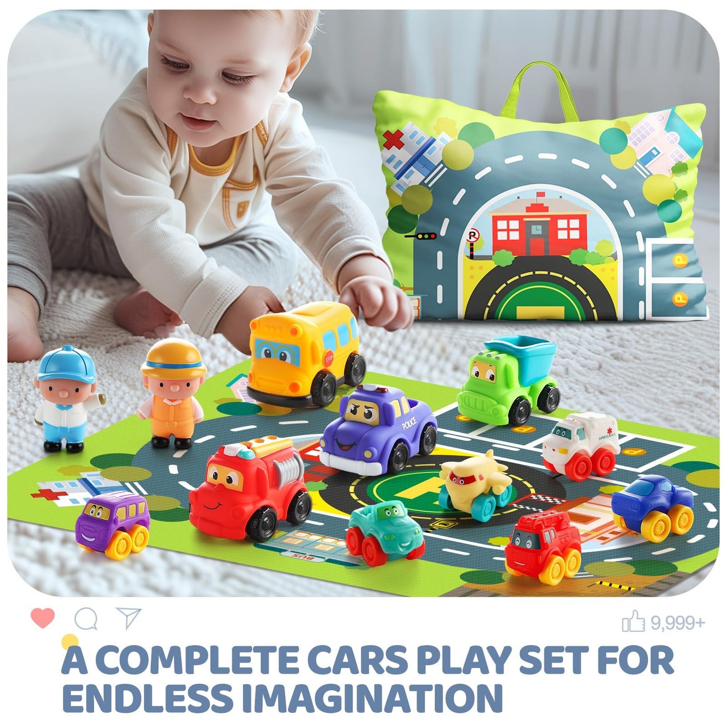 bessome Soft Rubber Toy Figure Car for 1 Year Old Boy with Playmat (Storage Bag)|12 PCS Cartoon Cars Baby Toys for 12-18 Months & Toddler Age 1-2|First Birthday|Gift for 1 2 3 Year Old Boy