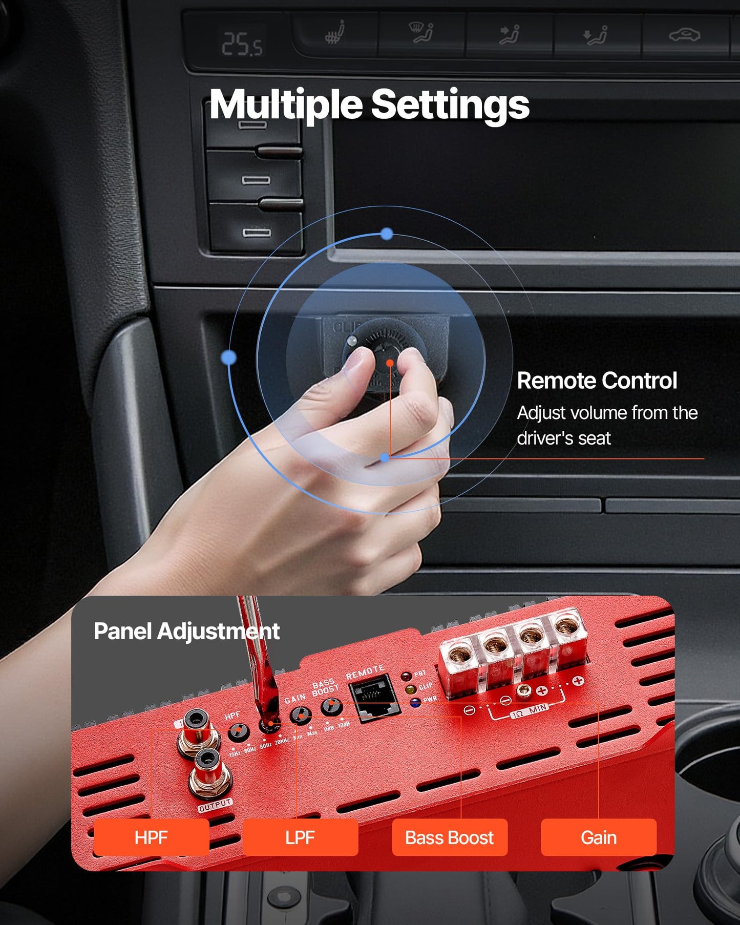 VEVOR Monoblock Car Amplifier, 2000W RMS MAX, 1/2/4 Ohm Stable, 1-Channel Class D Car Audio Amplifier with Remote Subwoofer Level Control, Low Pass Filter and Bass Boost, Volume Controller Included