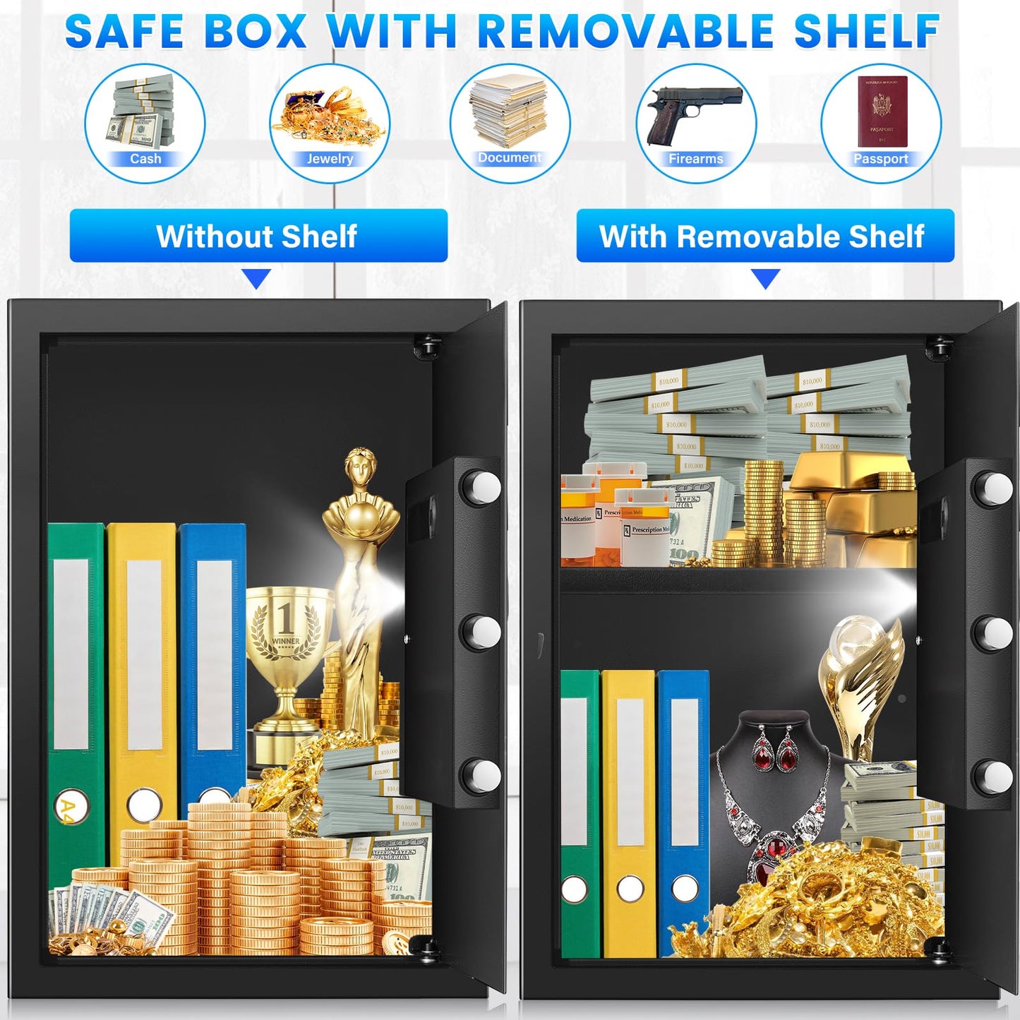 19.69 Inches Tall Safe Box, 3.3 Cuft Home Safe with Fireproof Waterproof Bag, Anti-Theft Digital Security Lock Box with Smart Alert System, Removable Shelf, Mute Function, Document Safes for Jewelry