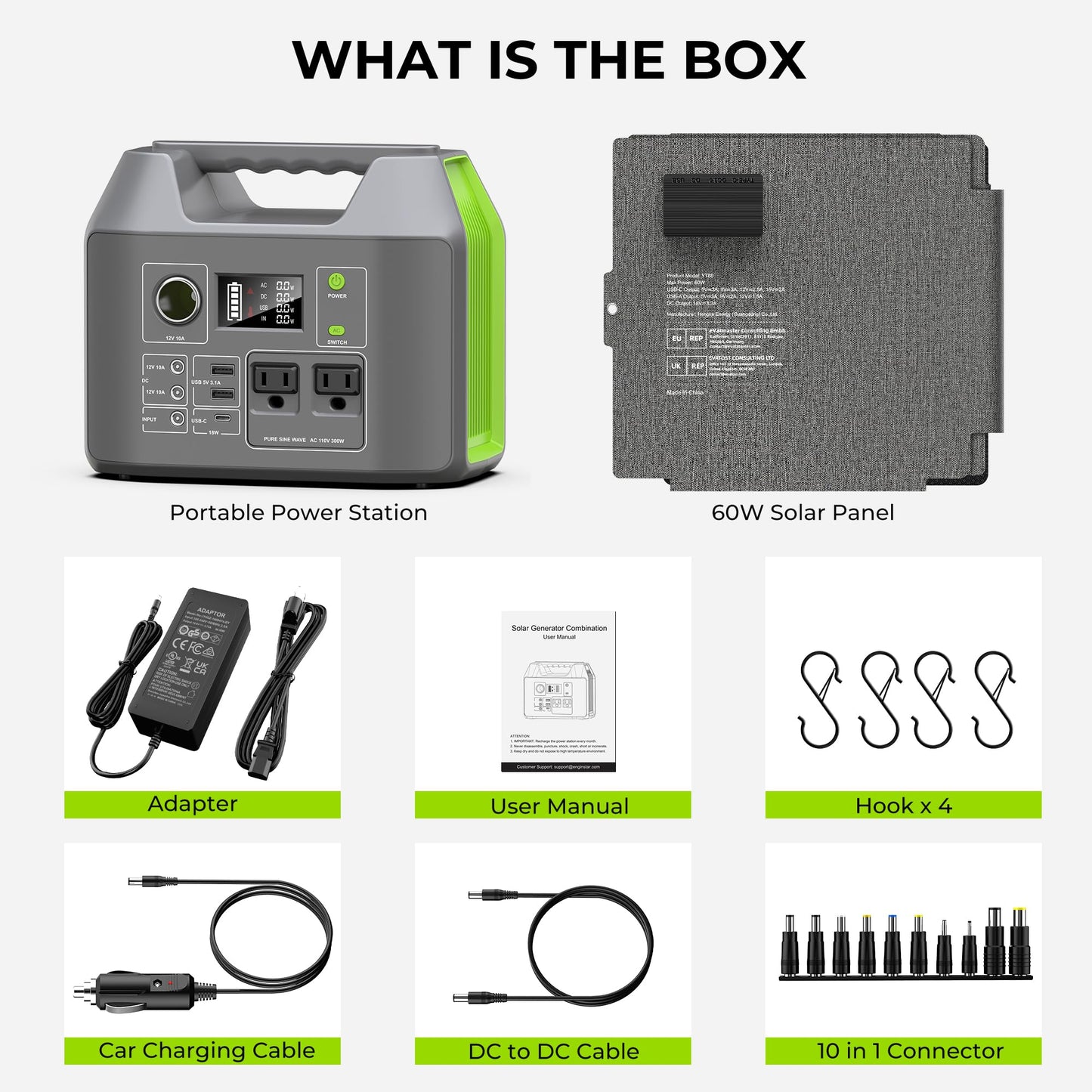 Portable Solar Generator, 300W Portable Power Station with Foldable 60W Solar Panel, 110V Pure Sine Wave 296Wh Lithium Battery Pack for Home Use RV Van Outdoor Camping, Foldable Panel included