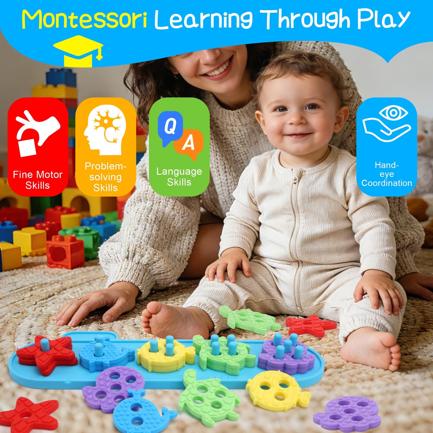 FlufiFiea Silicone Blocks for Toddlers Aged 1-3 2-4, Montessori Toys for 1 Year Old Boy Girl Gifts, Sorting & Stacking Toy Soft Textured Educational Learning Toddler Baby Toys