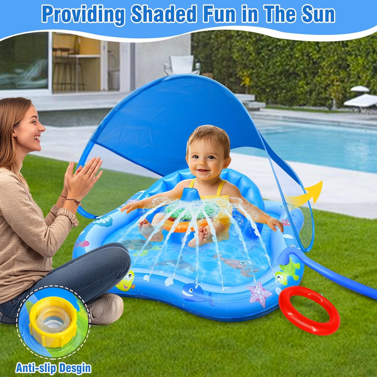 iGeeKid Baby Play Mat with Sprinkler, Inflatable Baby Pool Float with Canopy Backrest & Stackable Rings Water Sprinkler for Kids, Outdoor Water Play Toys for Toddlers Backyard Swimming Water Games