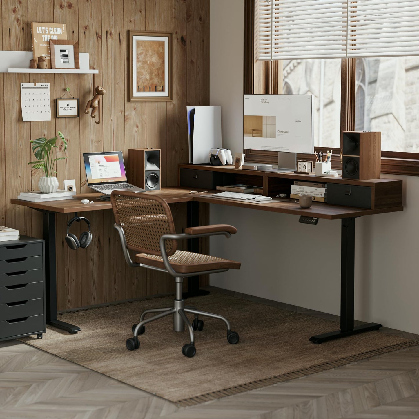 Agilestic 63 x 55 INCH L Shaped Electric Standing Desk with 2 Drawers, Ergonomic Adjustable Height Desk with Storage, Corner Desk Sit Stand up Computer Table for Work Office Home, Dark Wlalnut