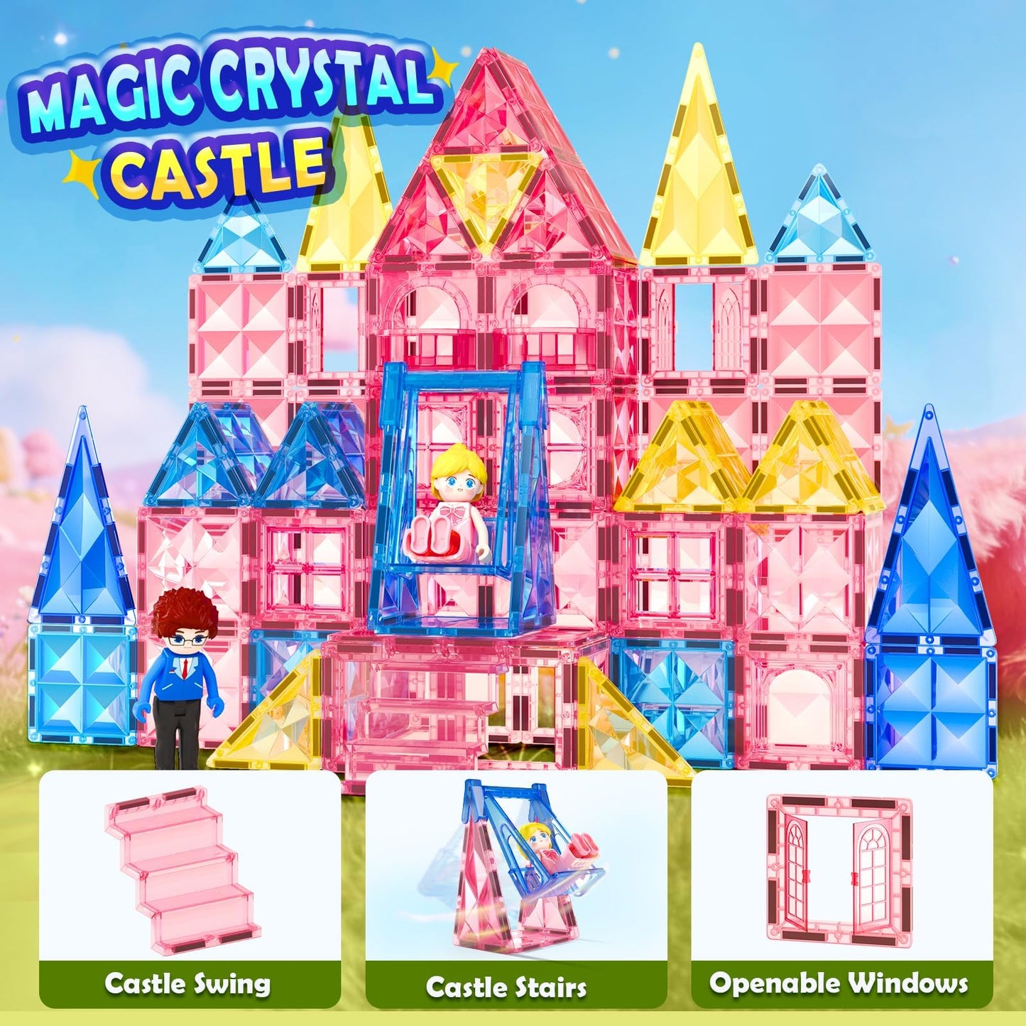 Coodoo Diamond Magnetic Tiles Magnetic Building Blocks STEM Sensory Toy for Boys Girls Pink Castle Dollhouse Pretend Princess Toys for 3 4 5 6 Year Old Girls Toys Birthday Xmas Present