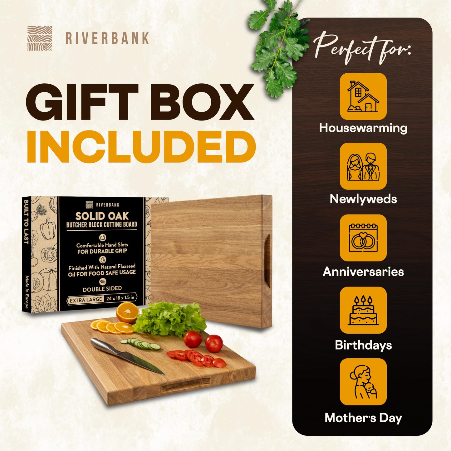 Riverbank Solid Wood Oak Butcher Block Cutting Board in Extra Large XL Size 24"x18"x1.5", Reversible Wooden Chopping Board with Handles, Gift Box Included