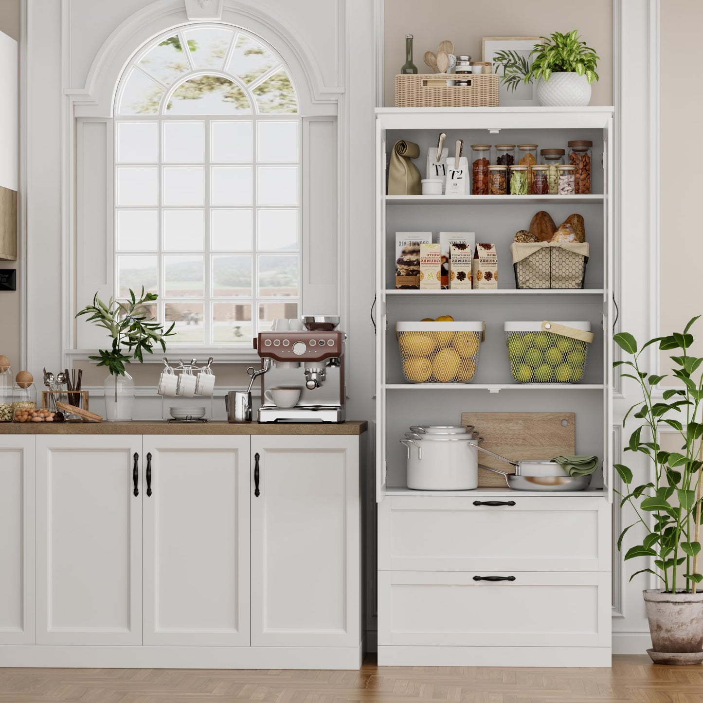 HOSTACK 70" Tall Kitchen Pantry Storage, Barn Doors Pantry Cabinet with Drawers and Adjustable Shelf, Modern Farmhouse Storage Cabinet for Kitchen, Dining Room, Living Room, Bathroom, White