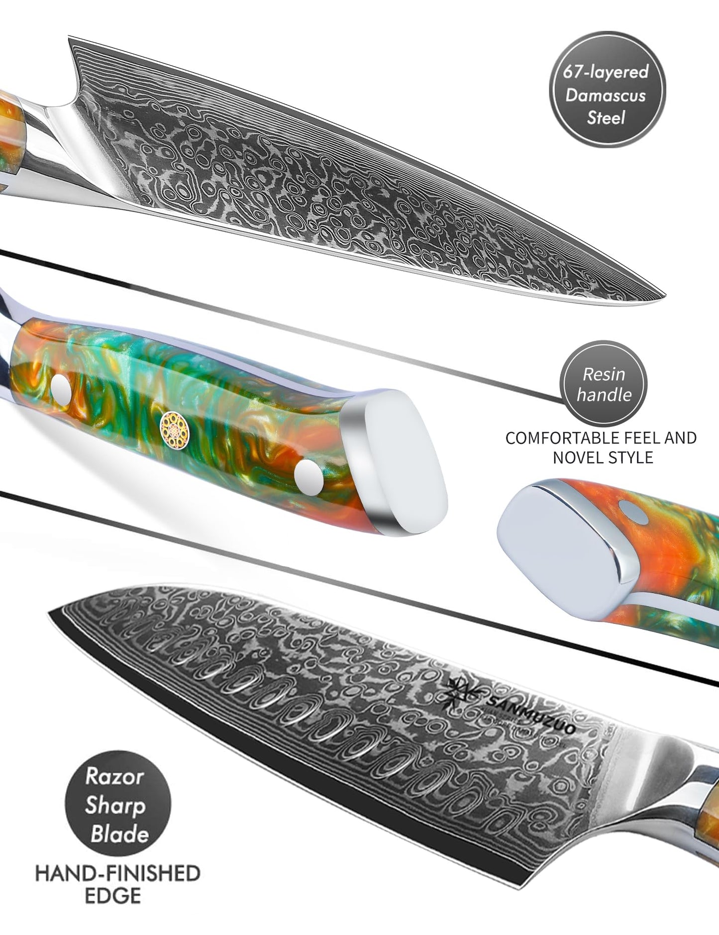SANMUZUO Chef Cooking Knives Set- Kitchen Knife Set of 5 Piece - Ultra-Sharp VG10 Damascus Steel & Resin Handle - Xuan Series (Fantasy Orange)