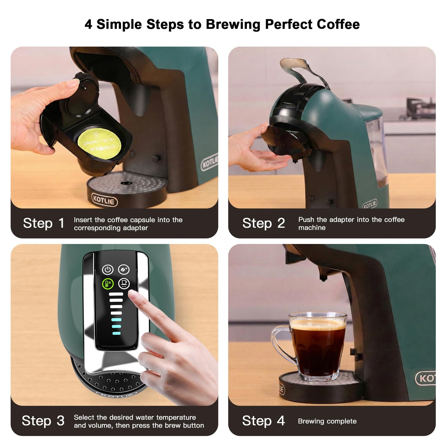 KOTLIE EM-308B Espresso Machine, Single Serve Coffee Maker Compatible with Multiple Capsule Types, Ground Coffee, and ESE Pods, 3 Temperatures, 7 Water Volume Levels, 34 Oz（Green）