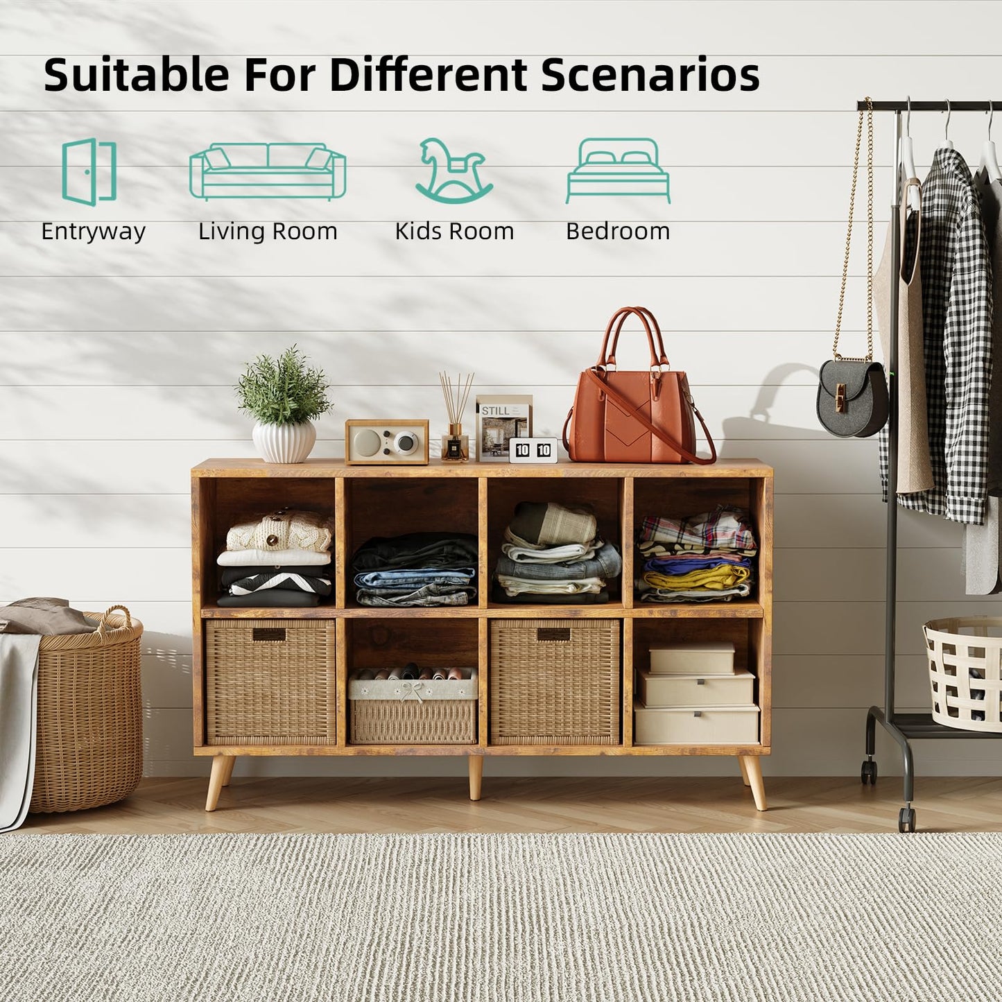Flrrtenv 8-Cube Bookshelf 2 Tier Retro Bookcase with Legs, 11in Shelf Opening, 47" Wood Bookshelves Storage Organizer Shelf, Freestanding Open Book Shelves for Bedroom Living Room Office, Rustic Brown