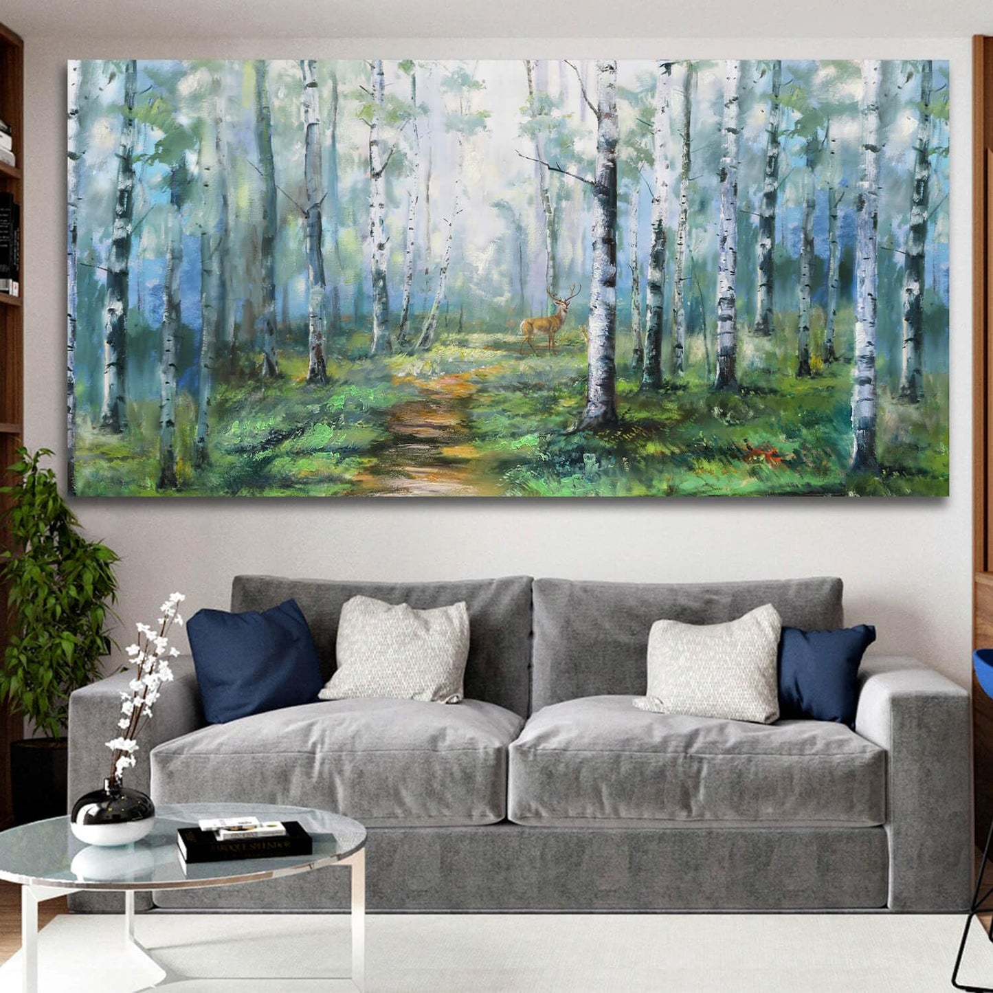 Enartly Birch Tree Wall Art for Living Room, Large Wall Decor Canvas Painting Green Forest Nature Picture Scenery Artwork Textured Framed for Bedroom Hallway Home Office Decoration 48"x24"