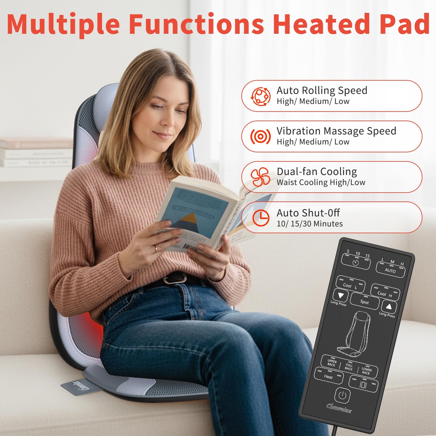 comrelax Shiatu Back Massager with Heat & Cooling, Kneading Rolling Vibration Chair Massager for Deep Tissue Pain Relief, Massage Chair Pad for Home & Office