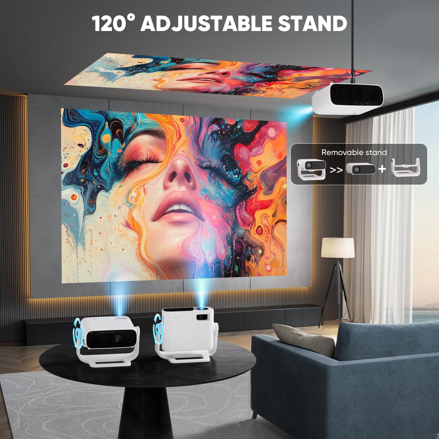 Wielio Smart Projector with WiFi 6 and Bluetooth Built-in Apps - 4K Support Portable Bedroom Mini Projector Native 1080P , 2025 New Auto Keystone & Zoom Home Theater Cinema Movie Proyector, 120° Stand