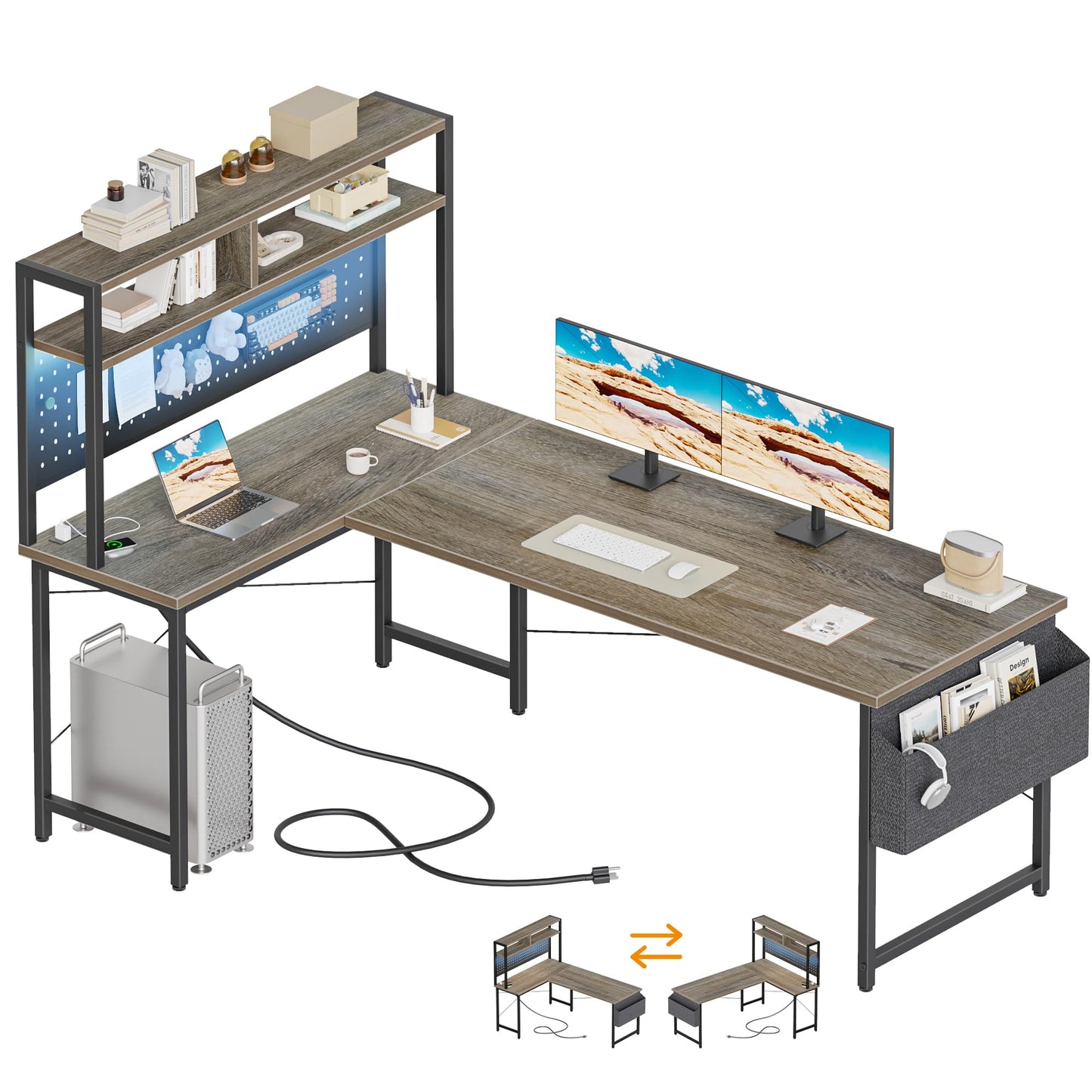 Mericonia 59 inch Large L Shaped Desk with Pegboard Hutch & Shelves, Corner Gaming Desk with Power Outlet, LED Light & Storage Bag, Reversible Computer Desk for Home, Bedroom, Office Workspace, Grey