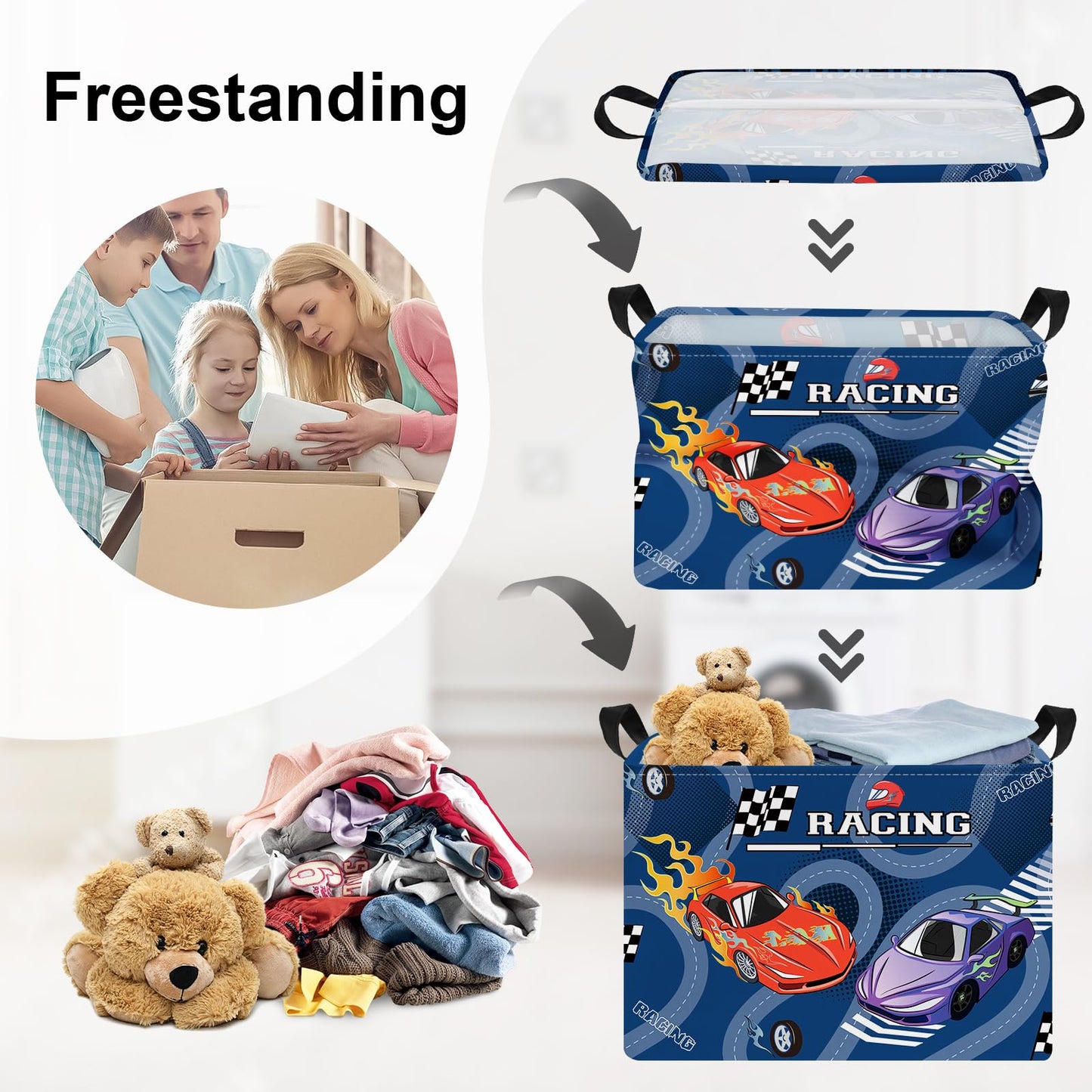 HUUMONSS Racing Car Baby Storage Basket Collapsible Clothes Kids Laundry Hamper Large Flag Track Boys Gift Toy Box Bin for Playroom, Blue, 36L