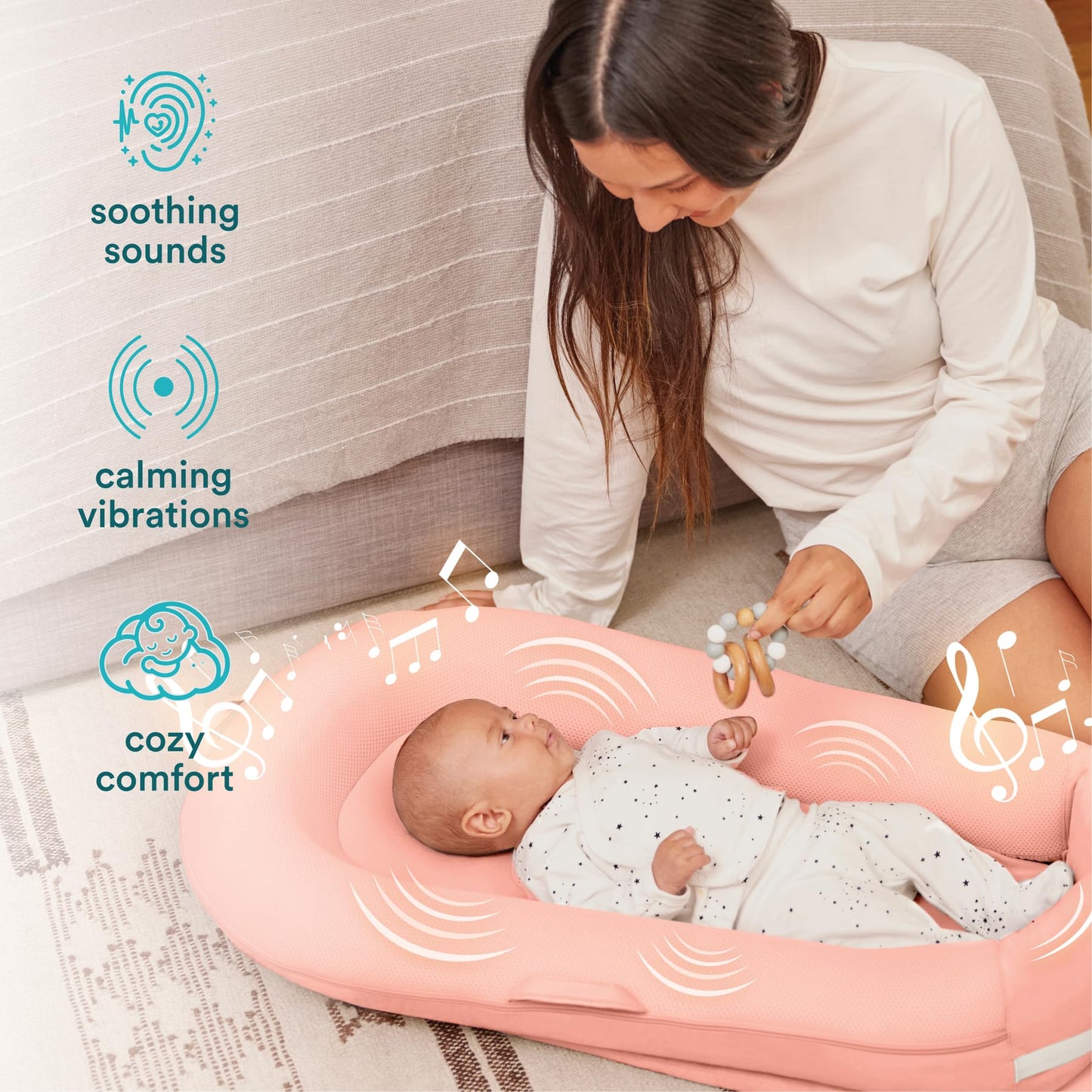 MyBaby 3-in-1 Calming Baby Cushion, Soothing Comfort for Newborns & Infants, Snuggling Sensation, Sound and Vibration, Designed for Safety, Rechargeable & Machine-Washable, by Homedics, Coral