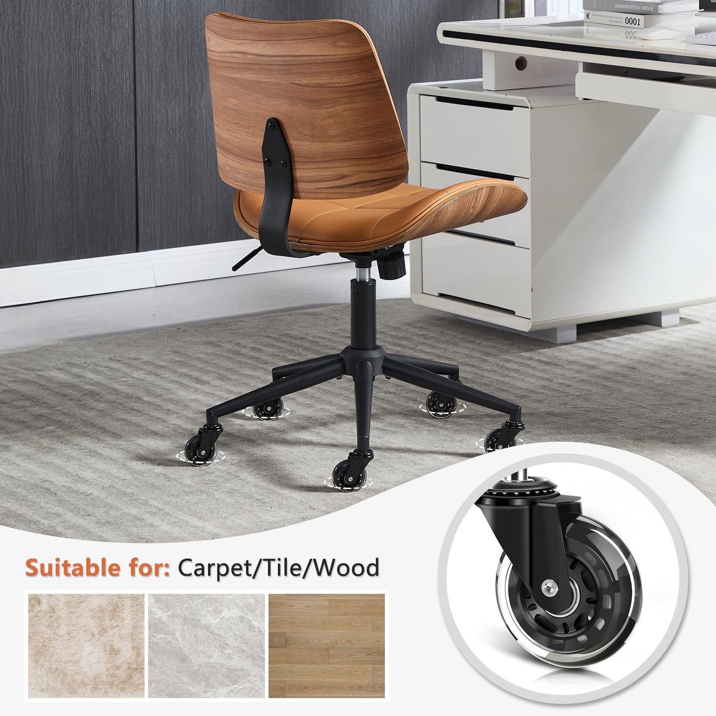 BERYTH Home Office Desk Chair with Wheels, Adjustable Height Armless Office Chair, PU Leather Mid Back 360° Small Computer Chair, Modern Walnut Chair No Arms for Office, Reading Meeting Room(Brown)