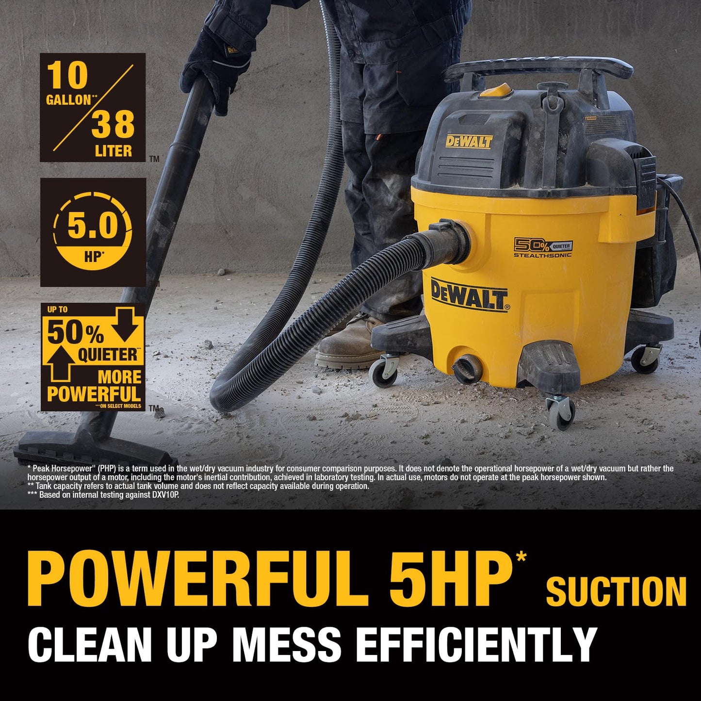 DEWALT 10 Gallon Stealthsonic Wet/Dry Vacuum, 5 Peak HP Ultra-Quiet Shop Vac with Full Accessory Kit & 6 Bonus Dust Bags, 1-7/8 in. x 7 ft. Hose for Job Sites, Workshops & Garages