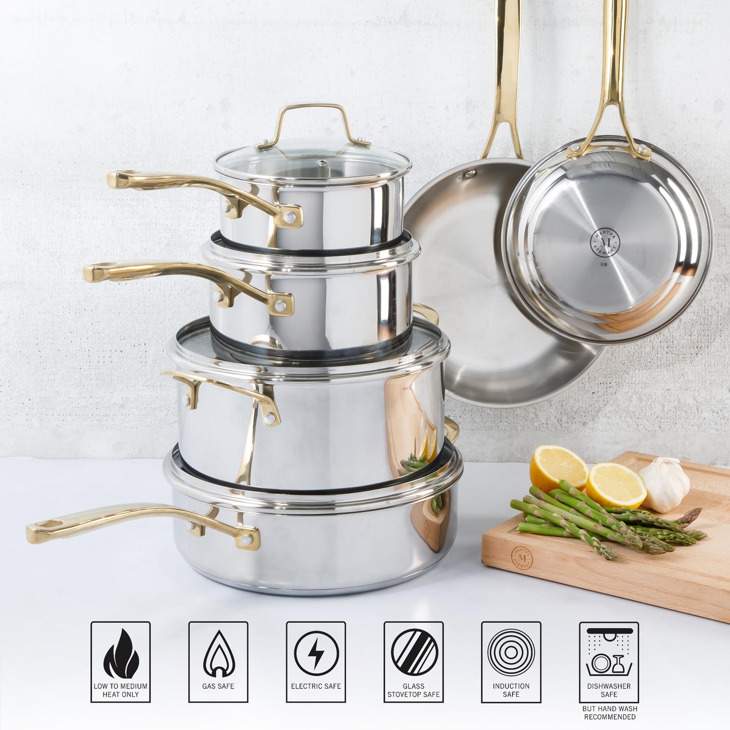 Martha Stewart Castelle 10 Piece 18/8 Durable Stainless Steel Induction Safe Pots and Pans Non-Toxic Kitchen Cookware Set - Gold Handles - Dishwasher Safe