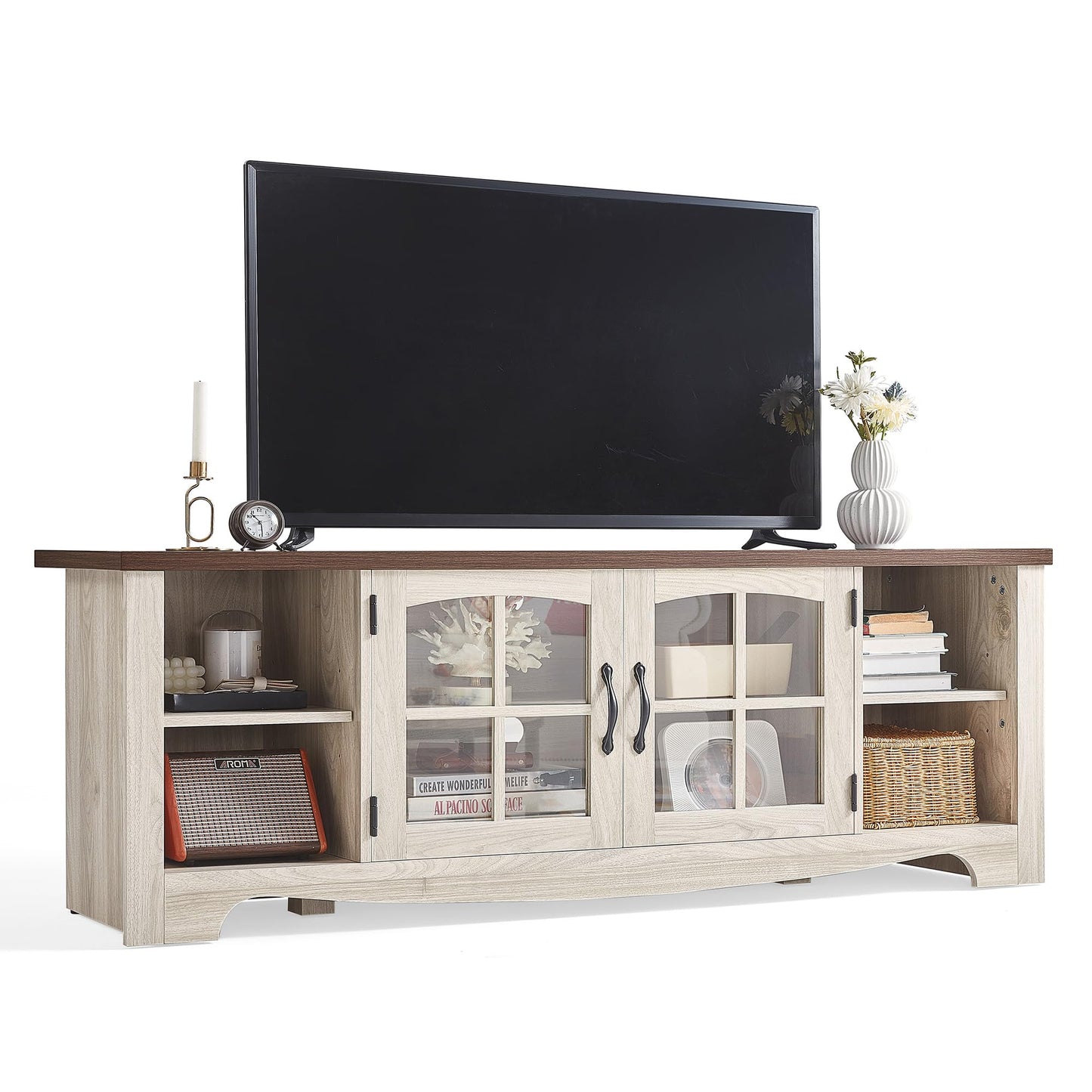 LINSY HOME TV Stand for 75 Inch TV, Modern Farmhouse Entertainment Center with Storage Cabinets and Glass Doors, Tall Media Console Table for Living Room, Bedroom, Large Long Television Stand, Beige