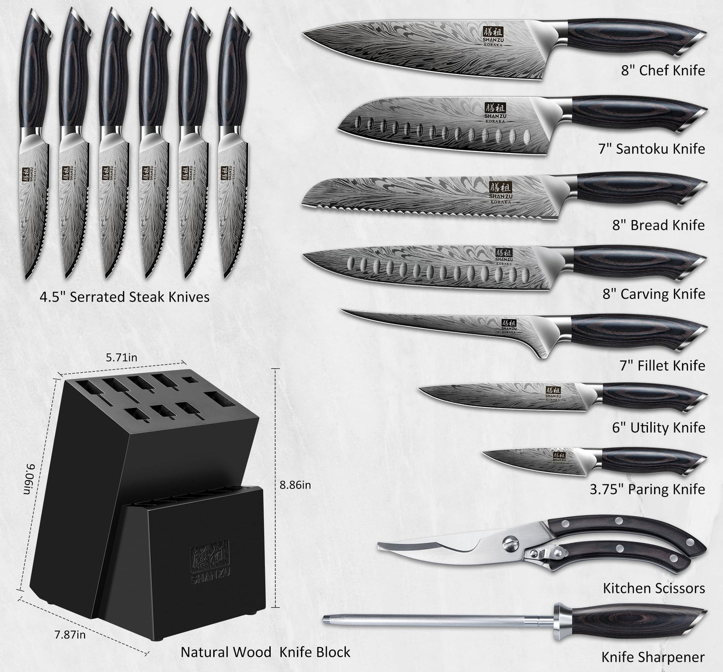 SHAN ZU 16 Pieces Knife Set, Knife Block Set in Powder Steel, Ultra Sharp Kitchen Knives Set, High Hardness Japanese Knife Set with Ergonomic Pakkawood Handle, Chef Knives Set for Kitchen Cooking