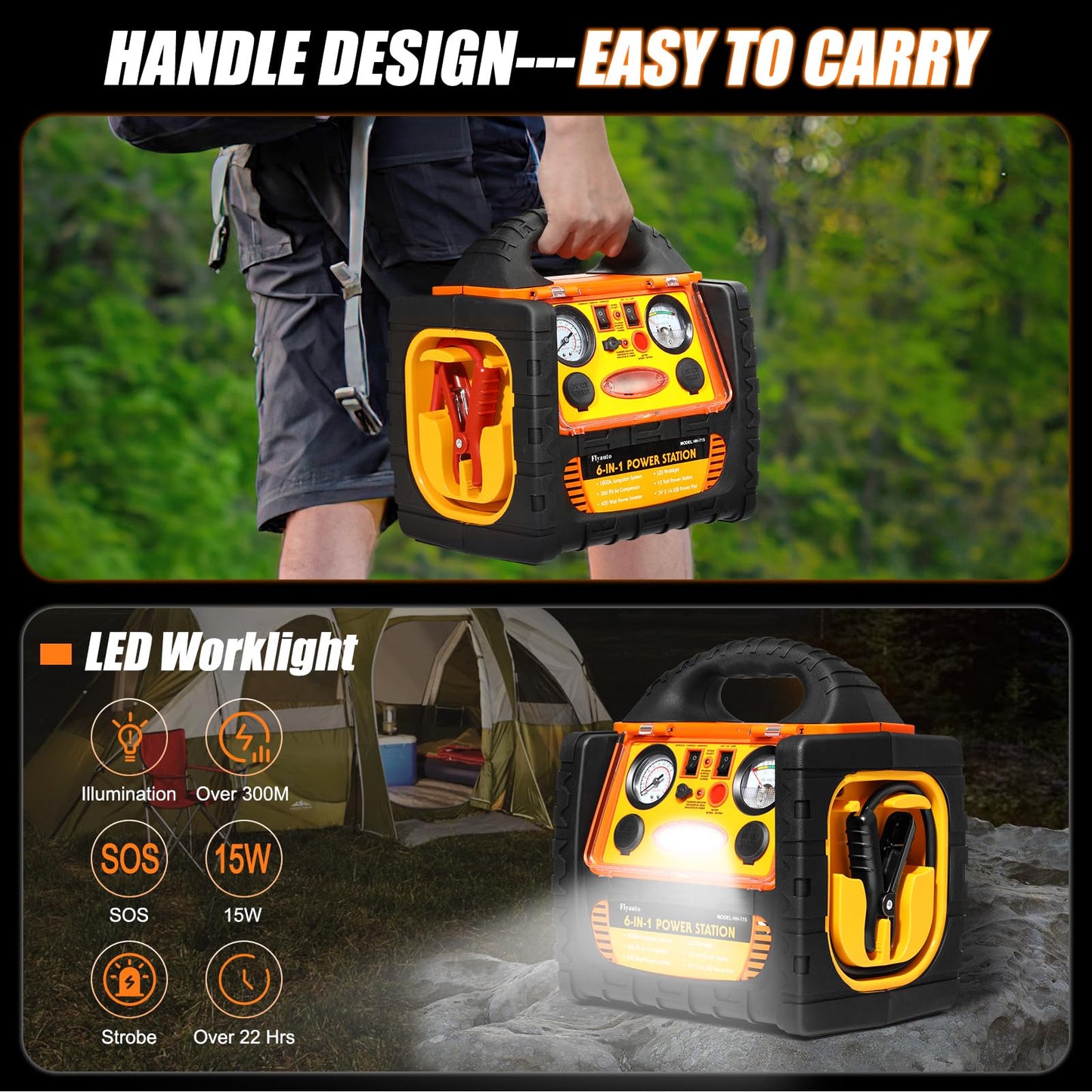 6 in 1 Jump Starter with Air Compressor 150 PSI Tire Inflator,Upgraded 1800A Peak 12V Portable Car Battery Jump Starter,400 Watt Inverter Power Station with AC/DC/USB Outlets (8.0L Gas/6L Diesel)