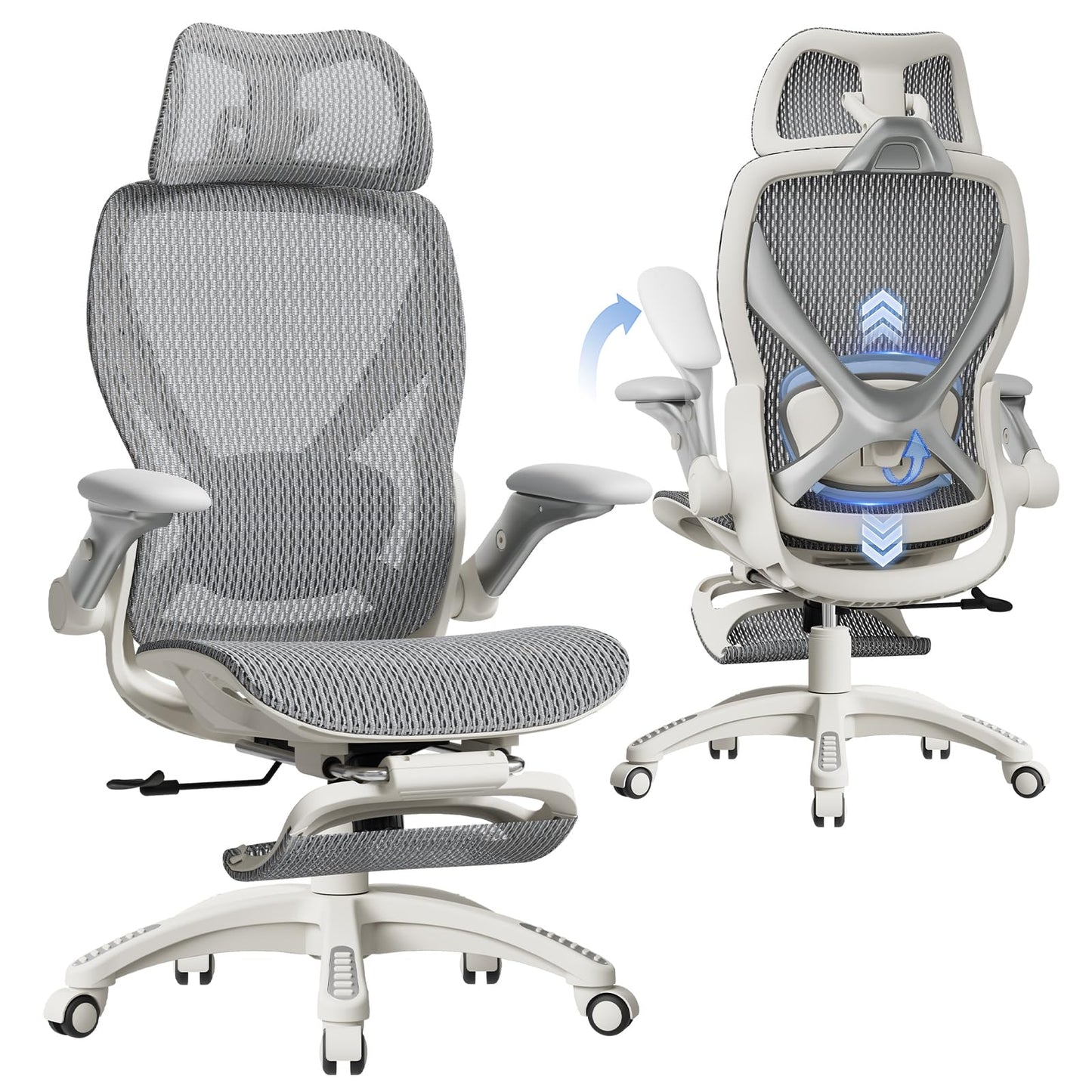 ELABEST X100 Ergonomic Office Chair with Footrest, Big and Tall Home Desk Chair with 5D Flip-Up Arms, Adjustable 3D Lumbar Support,High Back Rolling Computer Chair, Swivel Mesh Chairs (Frosted Dawn)