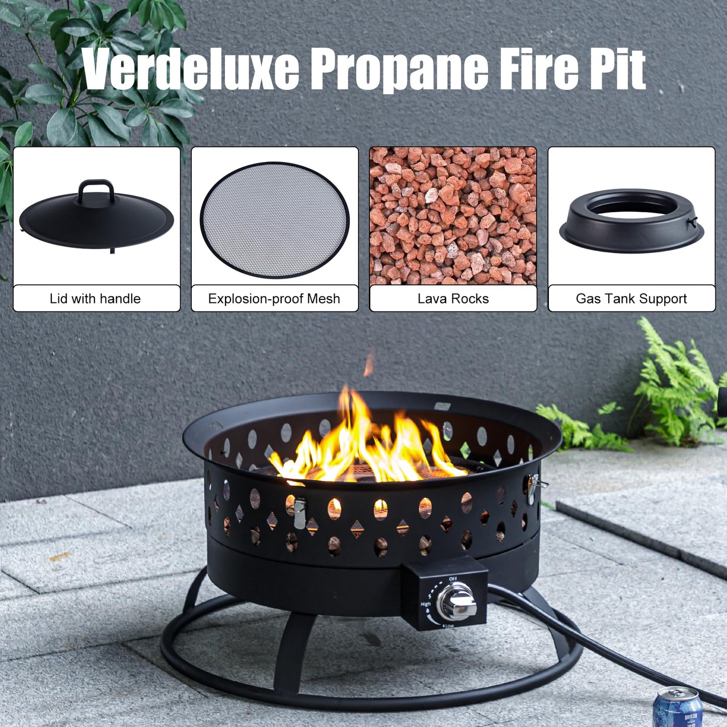 Verdeluxe 22 Inch Portable Propane Fire Pit,Gas Fire Pit for Outside with Lid & Handle, Smokeless Gas Firepit Bowl with Lava Rocks,Outdoor Propane Firepits for Camping,Patio,Yard,Bonfire.(Black)