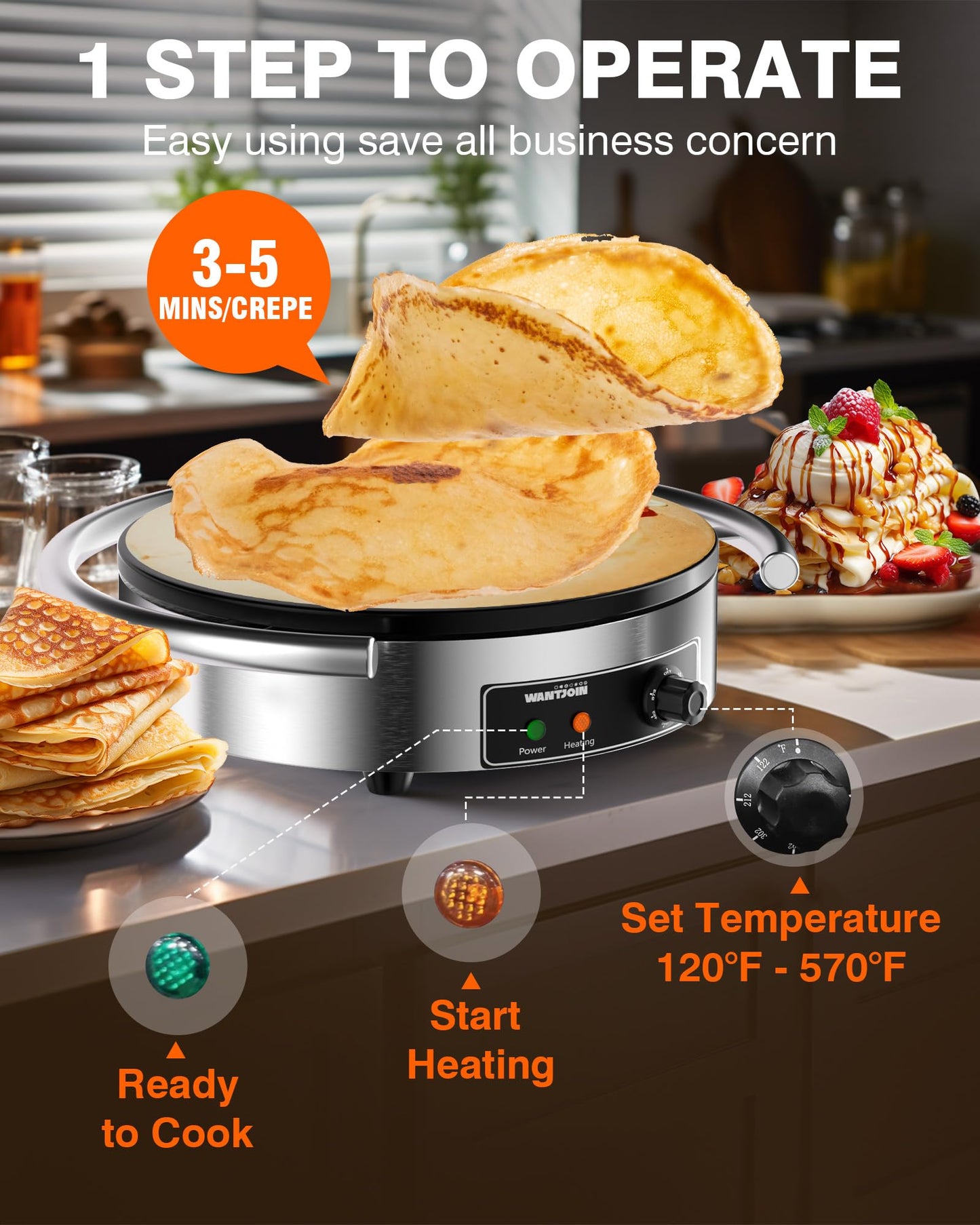 WantJoin Commercial Electric Crepe Maker 16 Inch 110V Non-Stick 1700W Electric Crepe Machine Adjustable Temperature Control 403 Stainless Steel Cooking Base 1700W