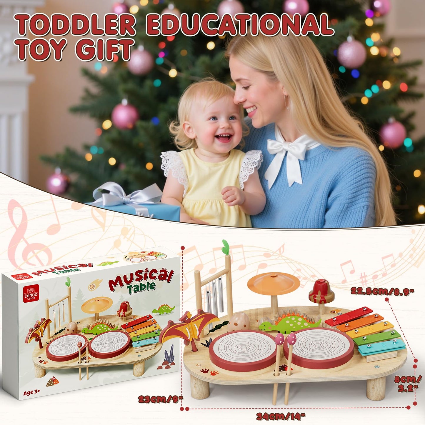Lehoo Castle Baby Drum Set, Wooden Musical Instruments, Montessori Toys for Toddlers 1-3, Percussion Set with Xylophone Maracas Egg Shaker Drum Sticks, Preschool Christmas Birthday Gift