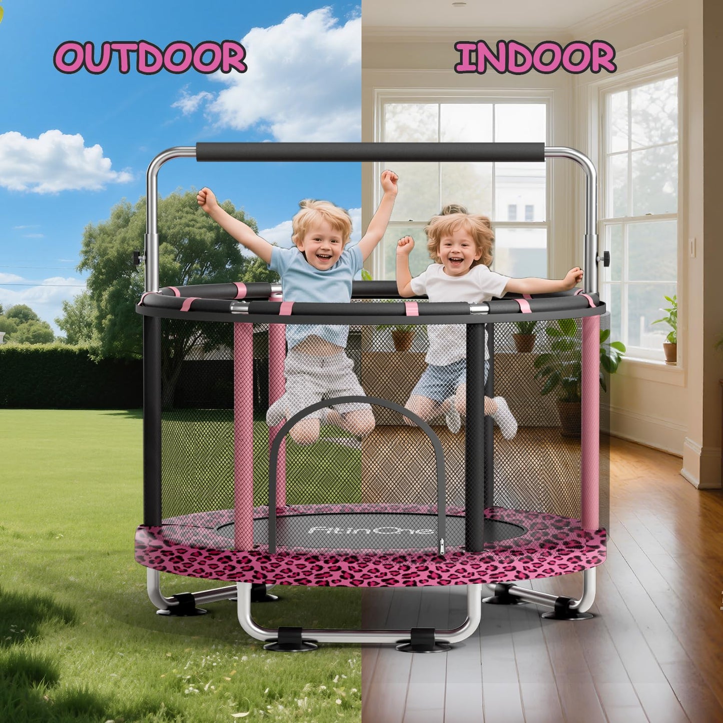 FitinOne 55" Toddler Mini Trampoline for Kids, Indoor Outdoor Toys with Swing, 440lbs Baby Kids Trampoline, Gymnastics Bar, Birthday Gifts for Boy Girl Age 1-8(Leopard)
