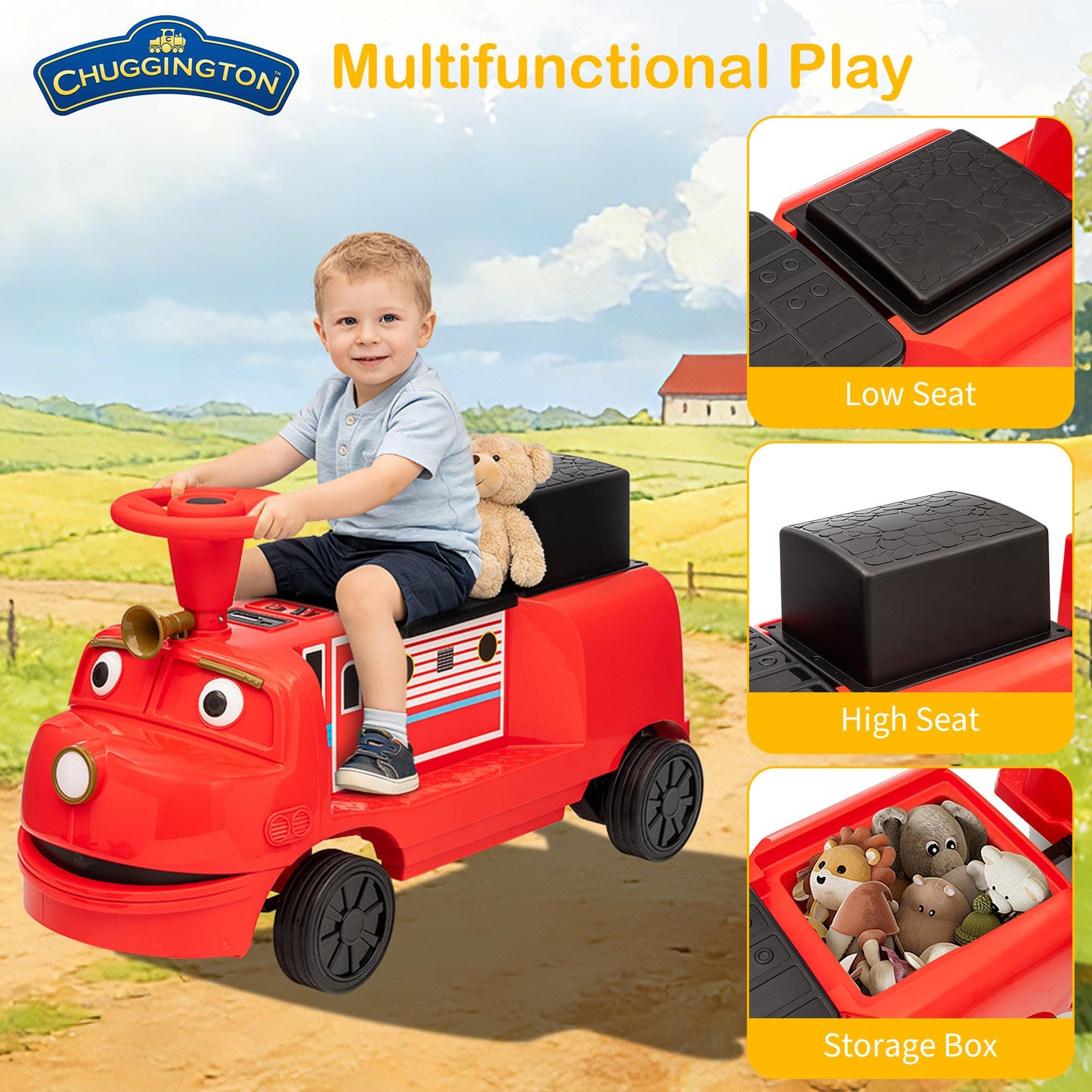 GarveeLife 2 Seater Ride On Train Trackless, 12V Kids Ride On Toy with Height Adjustable Seat, Storage Space, Music, 2 Speeds, Electric Car for Toddlers 3+ Carriage Not Included-Red