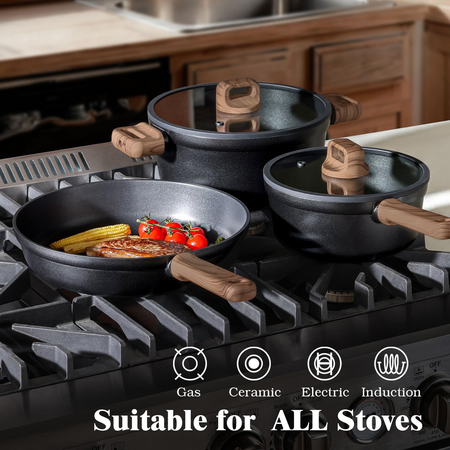 SENSARTE 20Pcs Nonstick Pots and Pans Set, Black Titanium Non Stick Cookware Set, Healthy Kitchen Cooking Set, Induction Compatible, Dishwasher Safe, PFOA/PFOS Free