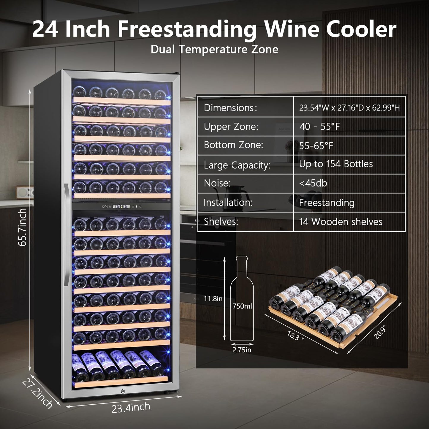 Velivi Wine Fridge Freestanding Dual Temperature Zone, Wine Cooler Refrigerator for 154 Bottles, 24 Inch Wide Large Wine Cooler with Professional Temperature Control System, Quiet Operation