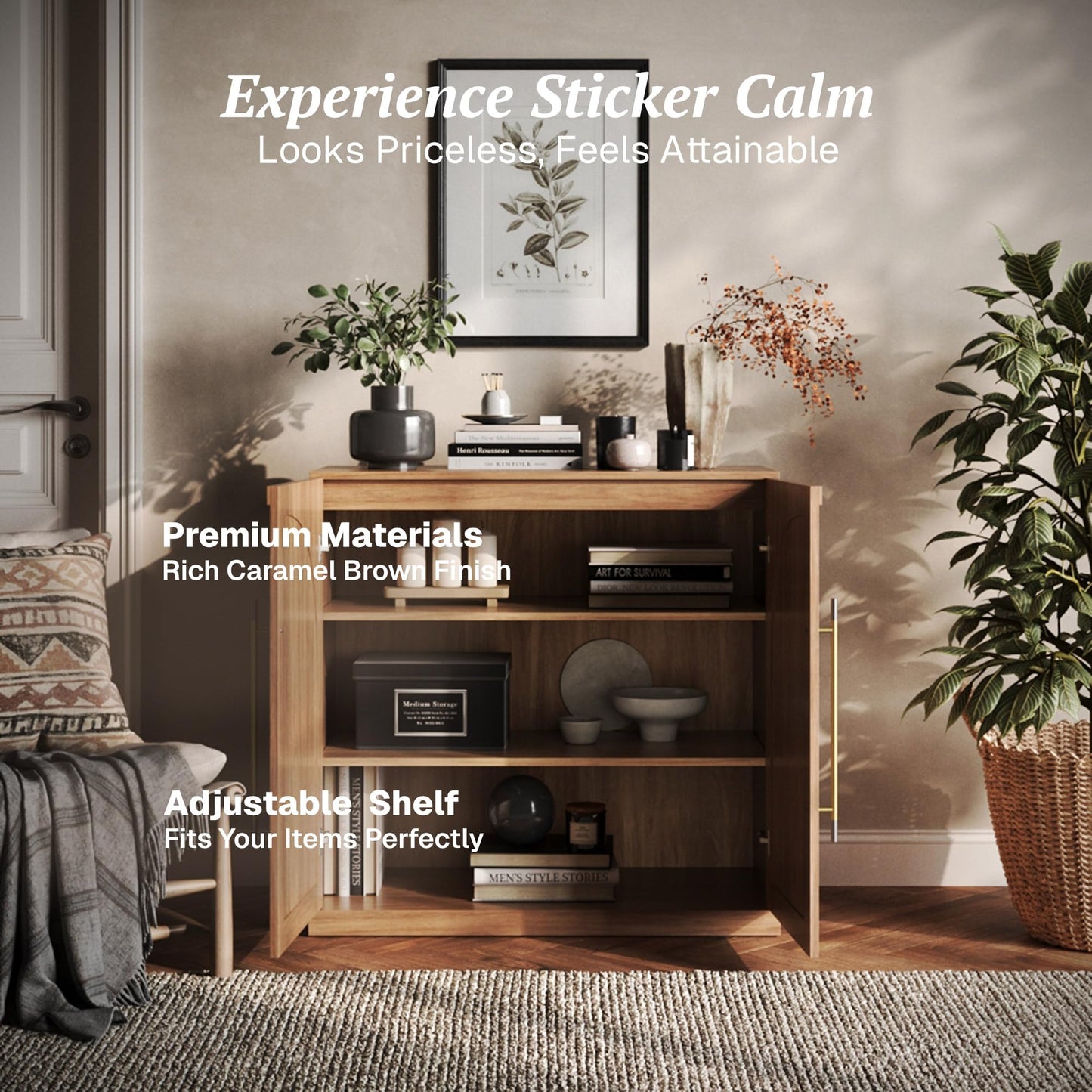 BELLEZE Modular Sideboard with Double-Arc Wood Doors, Small Arched Buffet Cabinet with Storage and Adjustable Shelves, Classic Modern Credenza for Dining Room, Living Room, or Entryway(Camel)