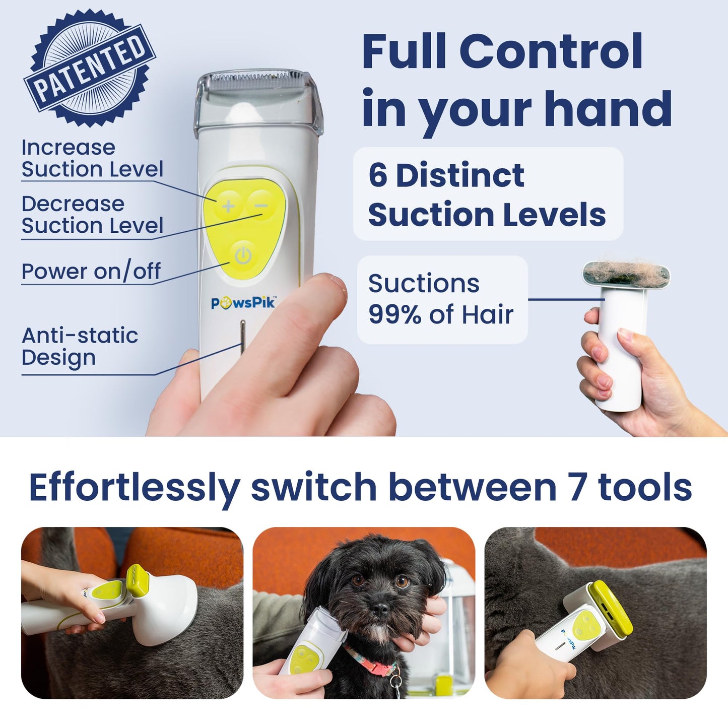 PAWSPIK Professional Dog Grooming Vacuum Kit, Dogs & Cats, Direct Handheld Control, 7 Grooming Tools, Deshedding and Dematting for Grooming, Large 2.2L Dust Bin, UL, HEPA Filter