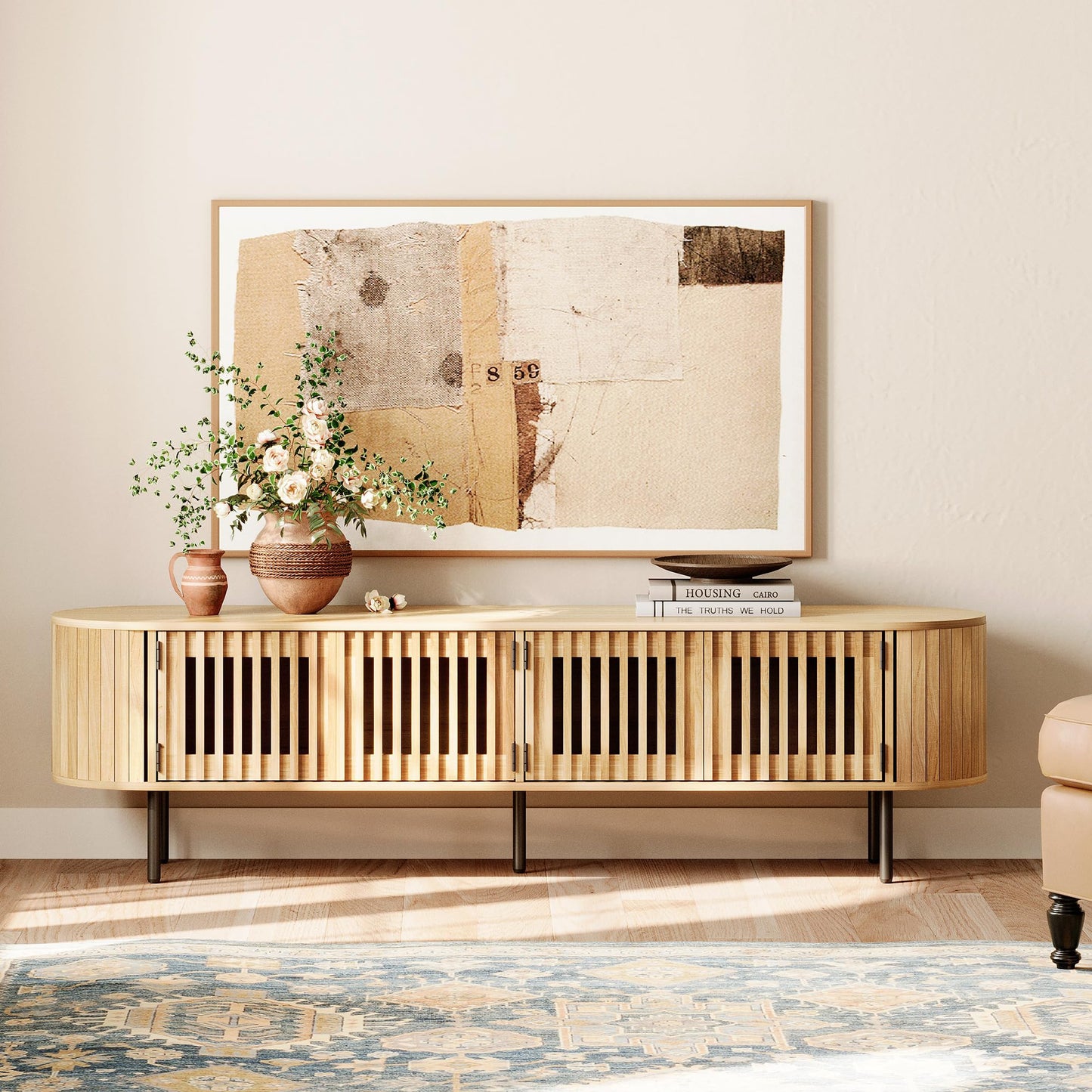 WAMPAT Fluted TV Stand,Wood Media Console for TVs up to 75”,Curved Round Edge Entertainment Center with Pop-Up Doors and Storage for Living Room Bedroom,Natural Oak