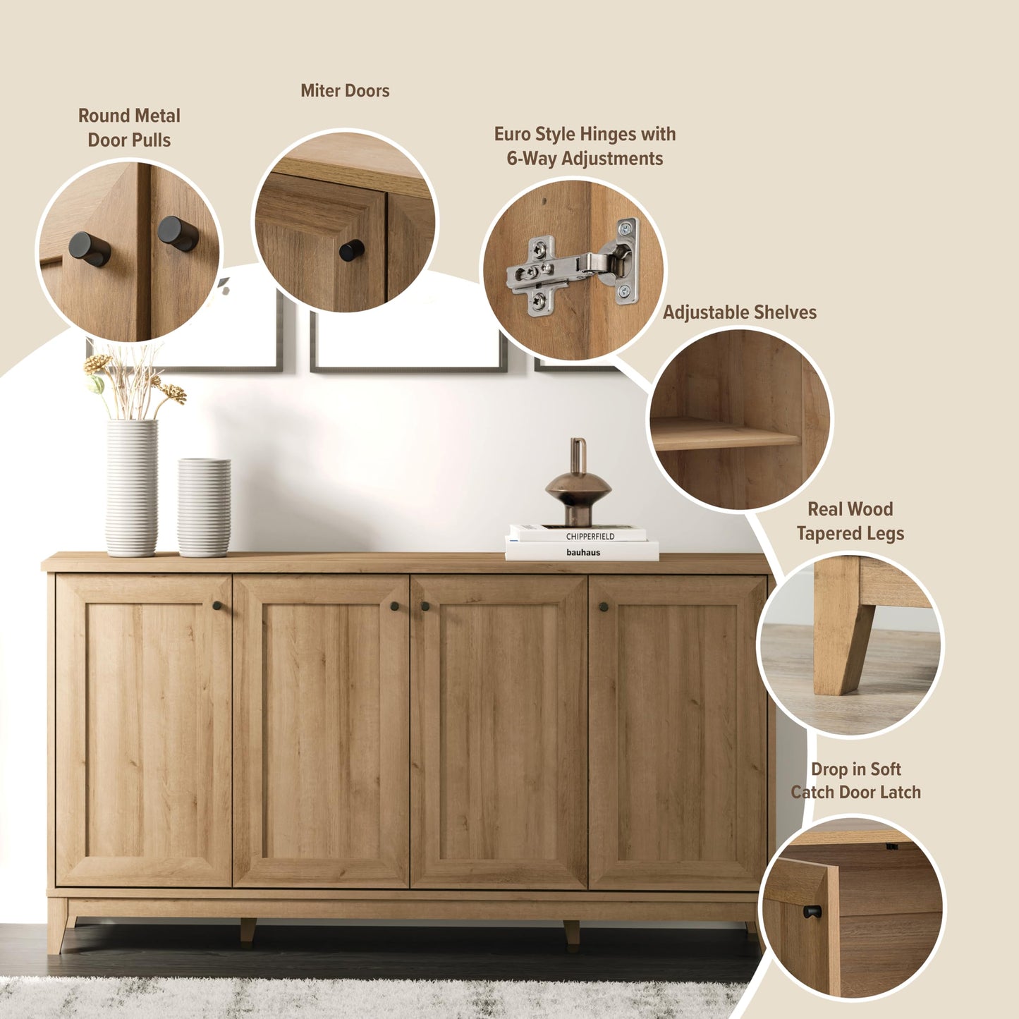 Prepac Yaletown 4 Panel Door Console Table with Storage, Oak Storage Cabinet with Doors and Shelves, Sideboard Storage Cabinet 60" W x 32" H x 16" D, OCBG-2220-1
