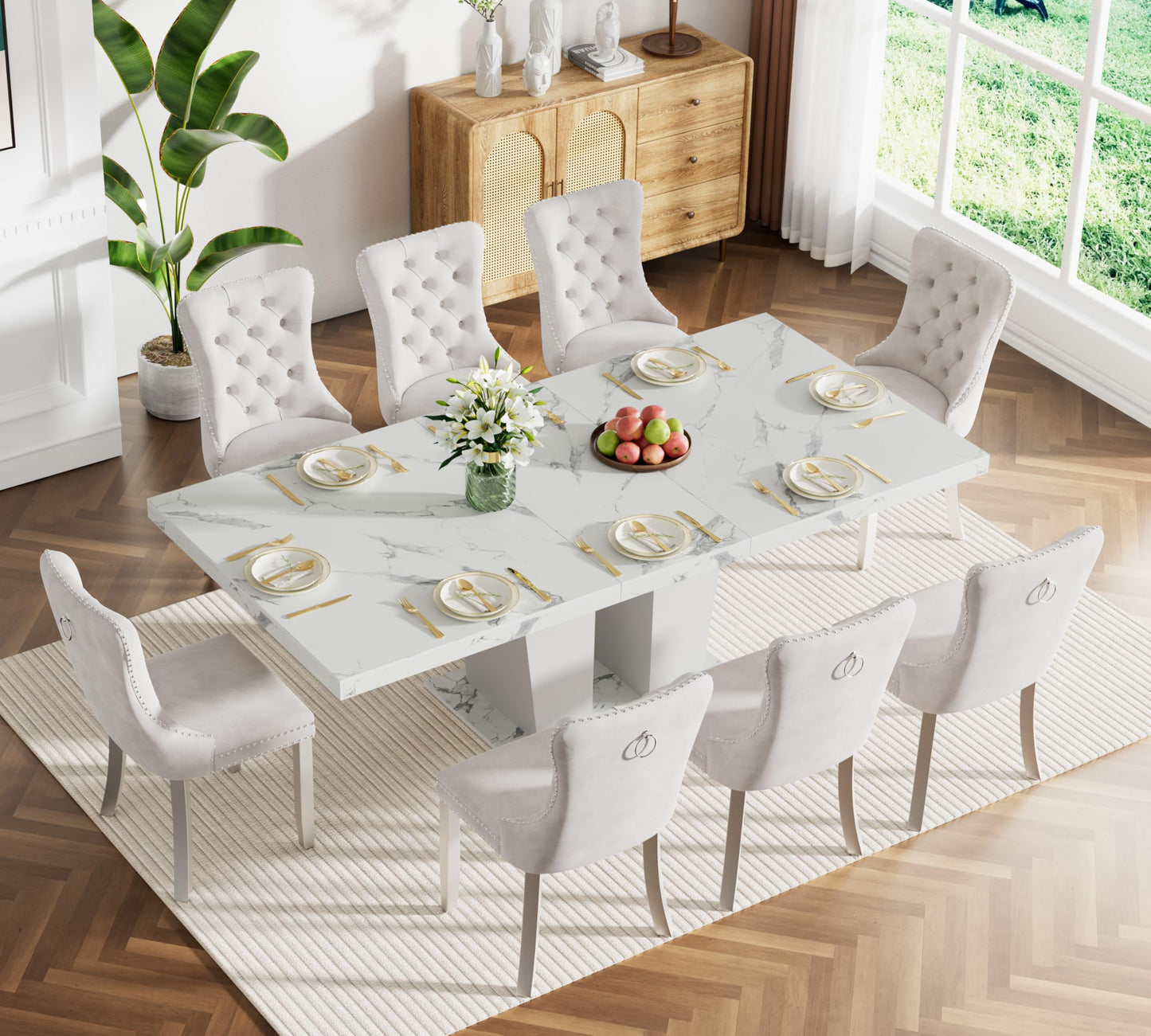 KUVADAZ 63"-78.74" White Faux Marble Extendable Dining Room Table Set for 8, 9-Piece Dining Table Set with 8 Chairs, Rectangle Wooden Expanding Kitchen Table and Beige Upholstered Chairs Set