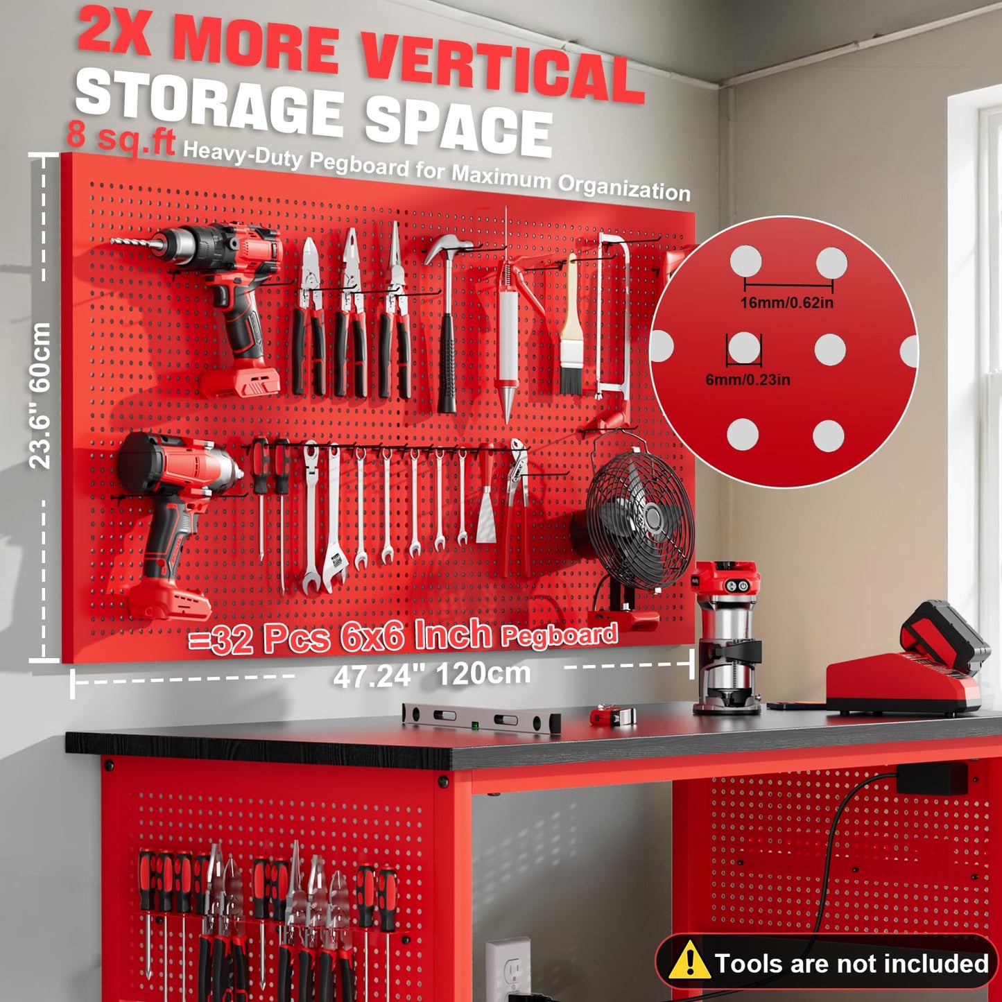 Ferreteriai 47" Heavy Duty Workbench with Power Outlet & USB-C, Exclusive Red Side Battery Holder, Adjustable Height, 2100LB Capacity, Locking Wheels, Pegboard for Garage, Workshop, and Home Use