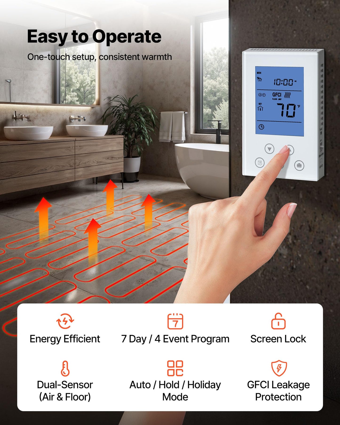 VEVOR 90 sqft Self-Adhesive Mesh Floor Heating Mat System, 120V Electric Radiant Heated Floor System, with Smart Control Thermostat & Alarm, Easy Installation for Tile, Stone, Vinyl